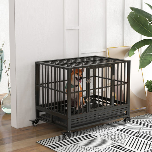 Durable black metal dog crate with a sliding tray and locking casters ideal for medium breeds