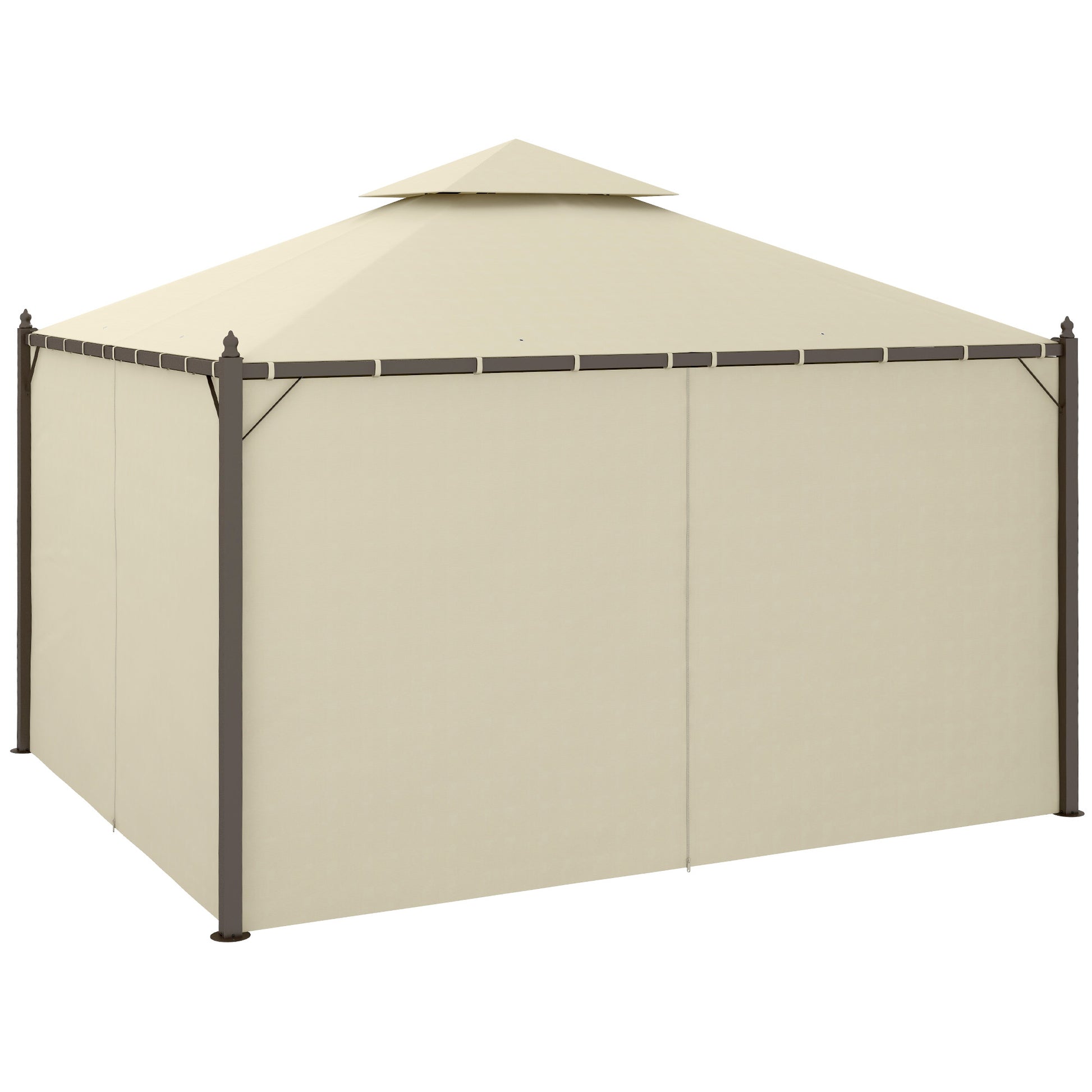 Beige patio gazebo with dualtier roof and dark brown frame