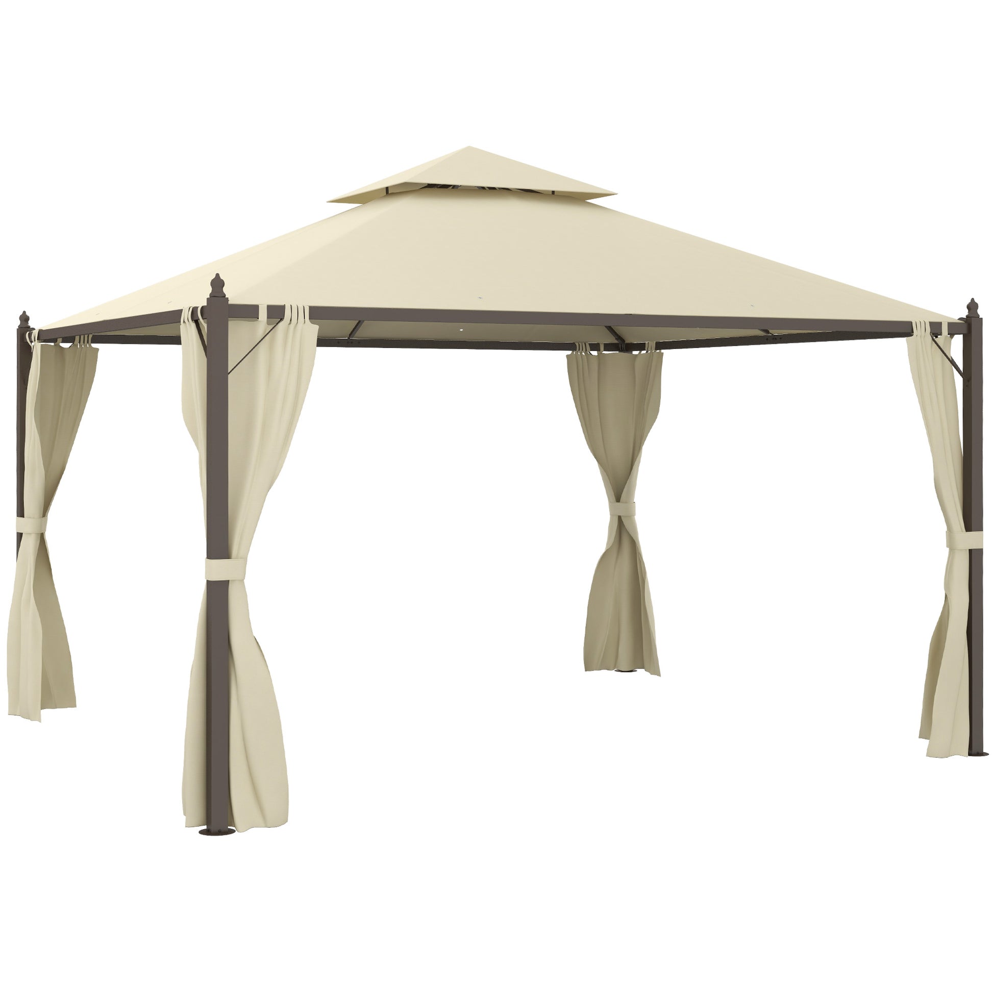 Beige outdoor patio gazebo with tiered roof and draped curtains for sun protection