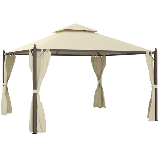 Beige outdoor patio gazebo with tiered roof and draped curtains for sun protection
