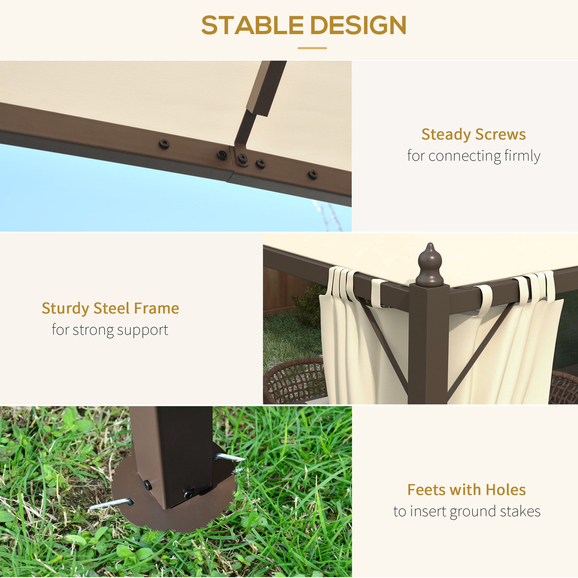 Closeup of beige canopy support on dark brown metal frame with screws