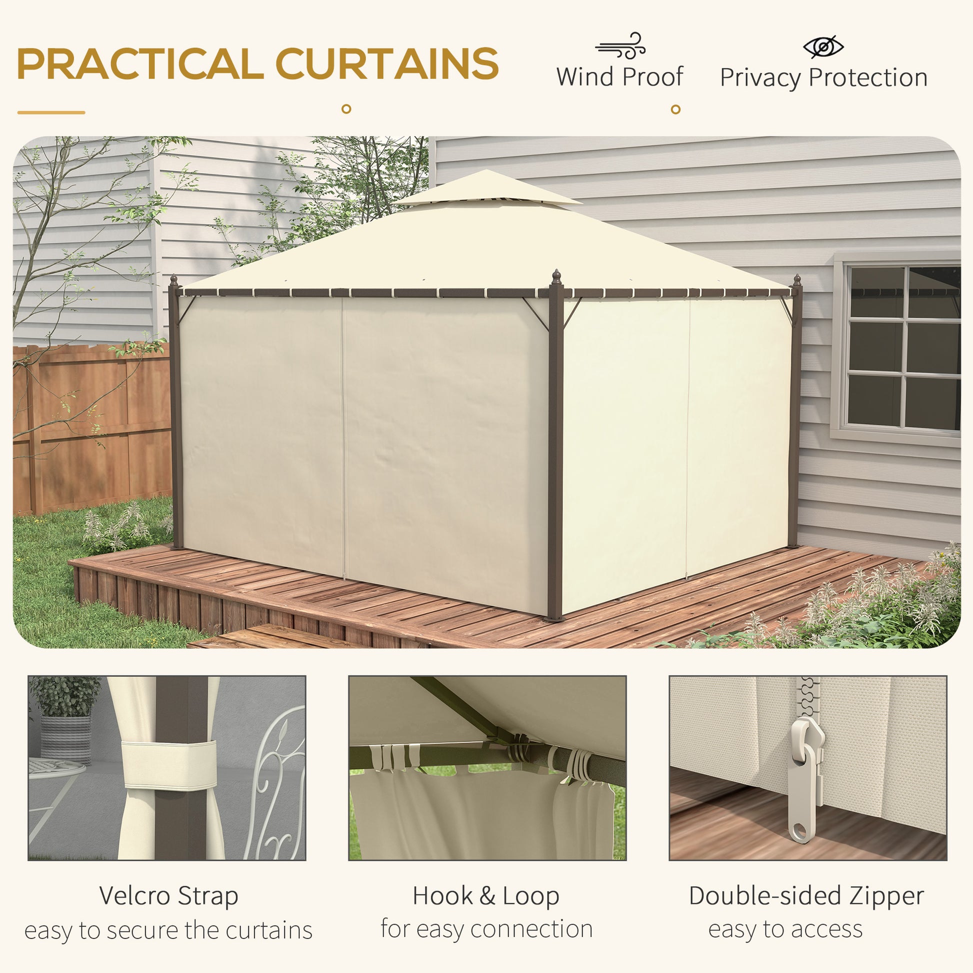 Cream outdoor gazebo curtains with metal frame and wooden deck