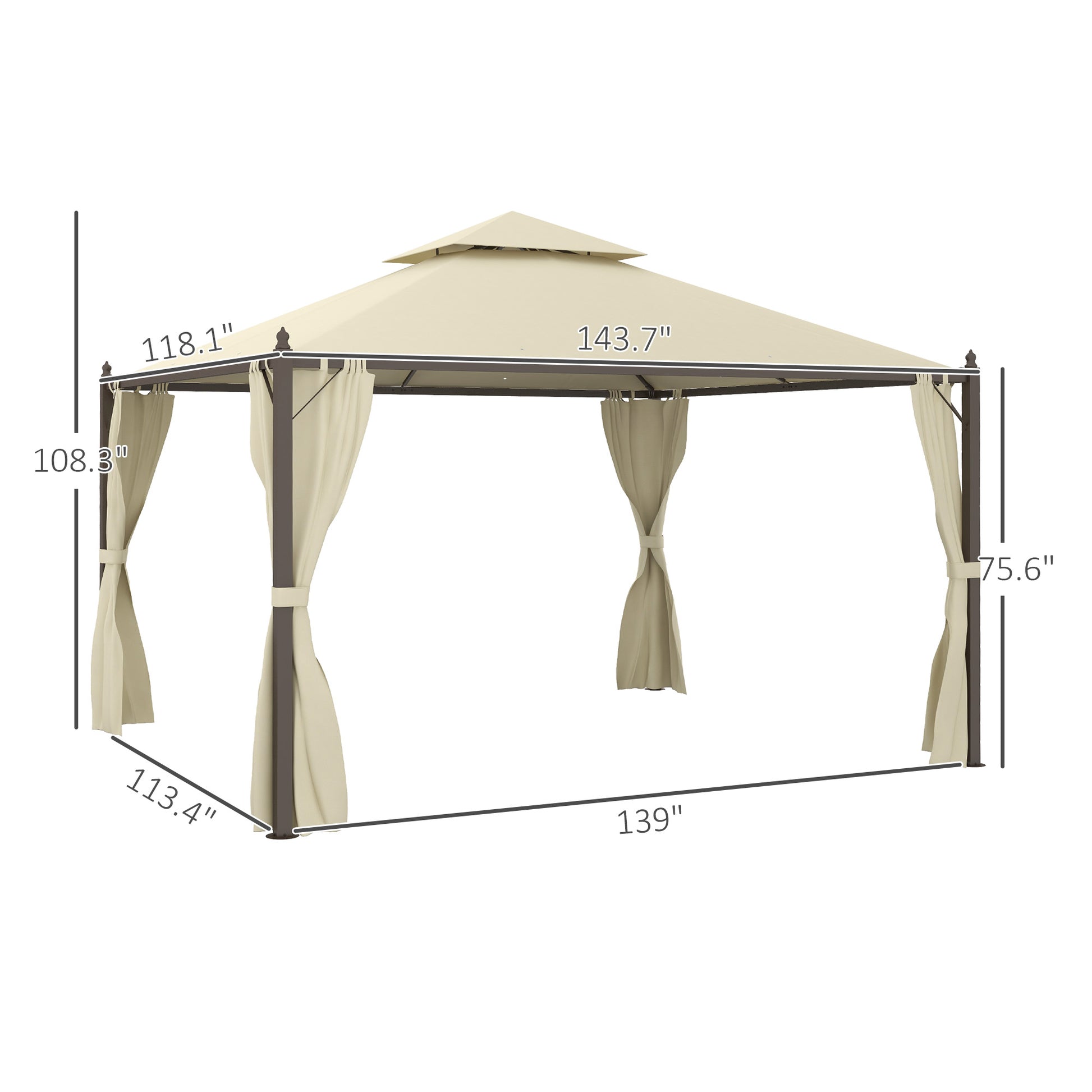 Beige doubletier outdoor gazebo with curtains  x  dimensions