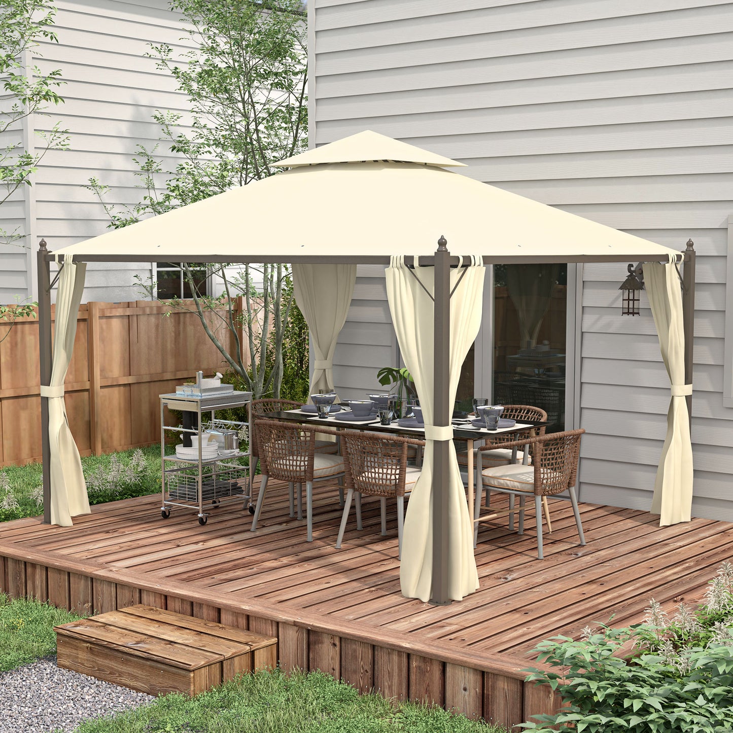 Cream outdoor gazebo with dining set on wooden deck