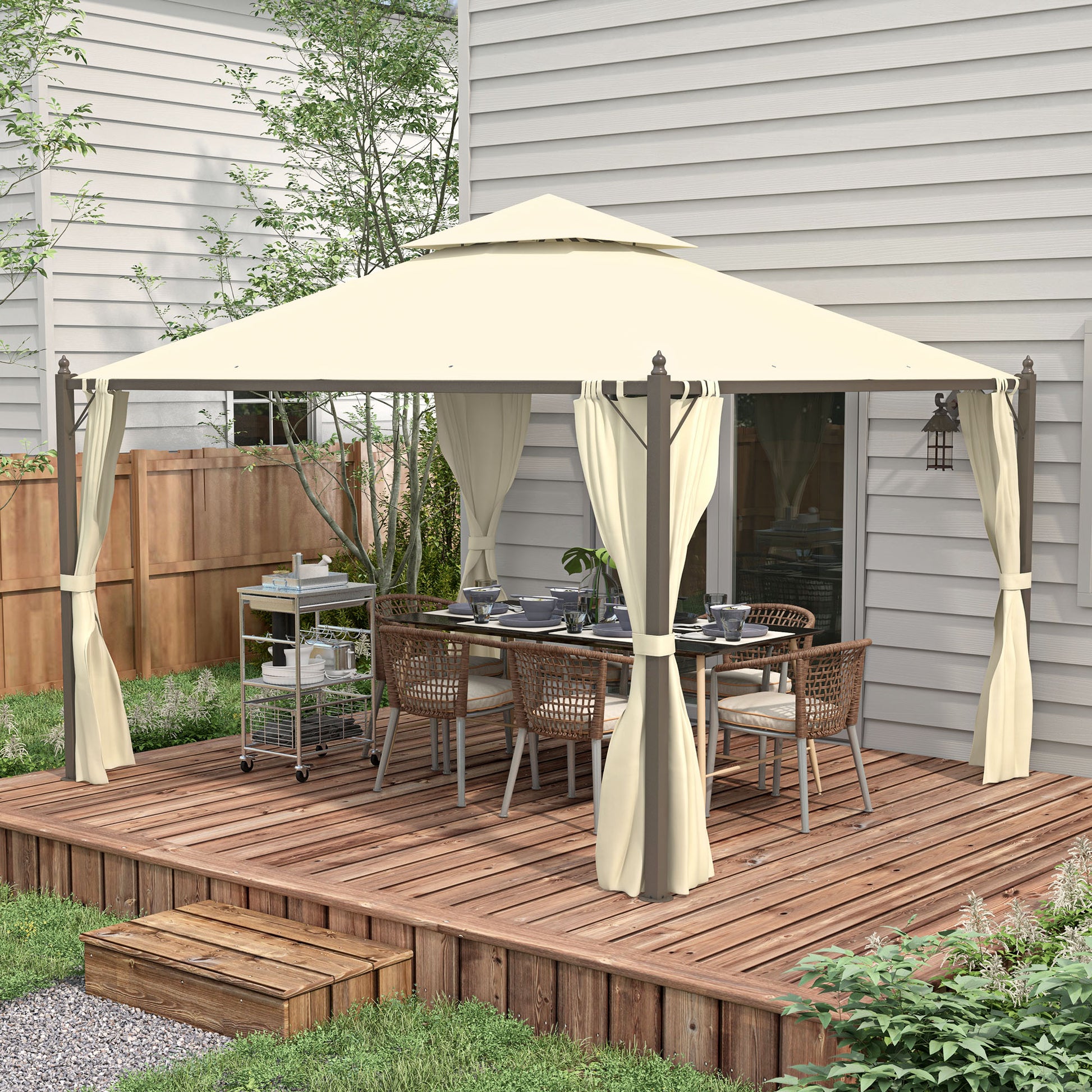 Cream outdoor gazebo with dining set on wooden deck