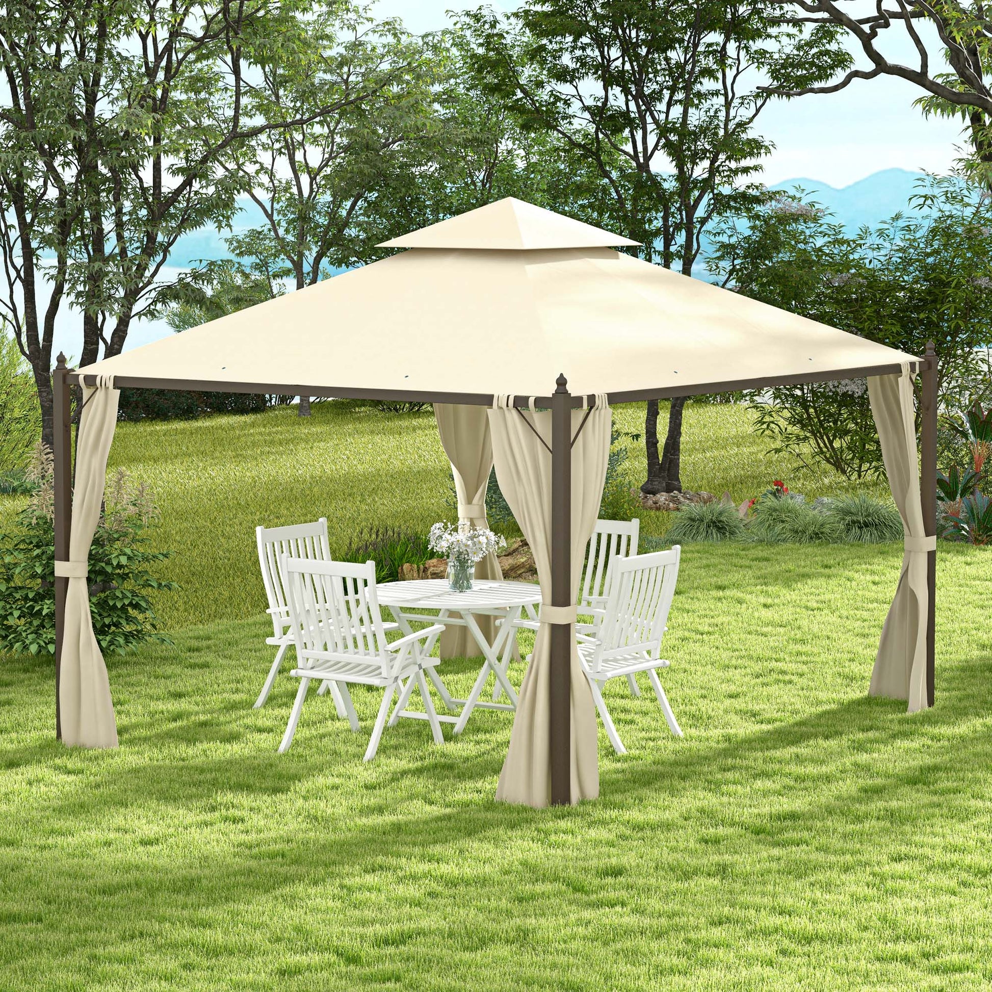 Cream outdoor gazebo with curtains and white patio furniture set