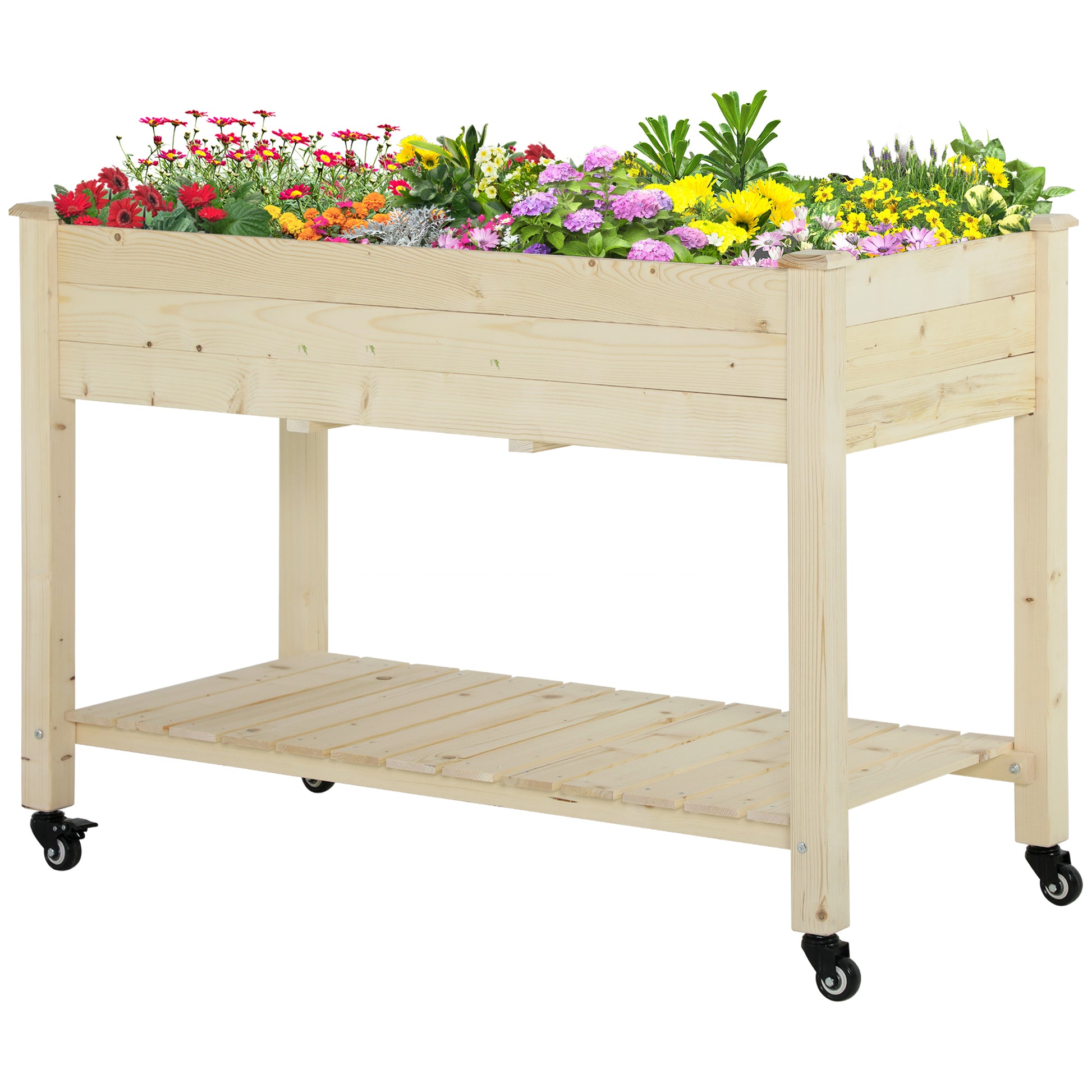 Natural wood elevated planter with wheels filled with vibrant red orange yellow and pink flowers