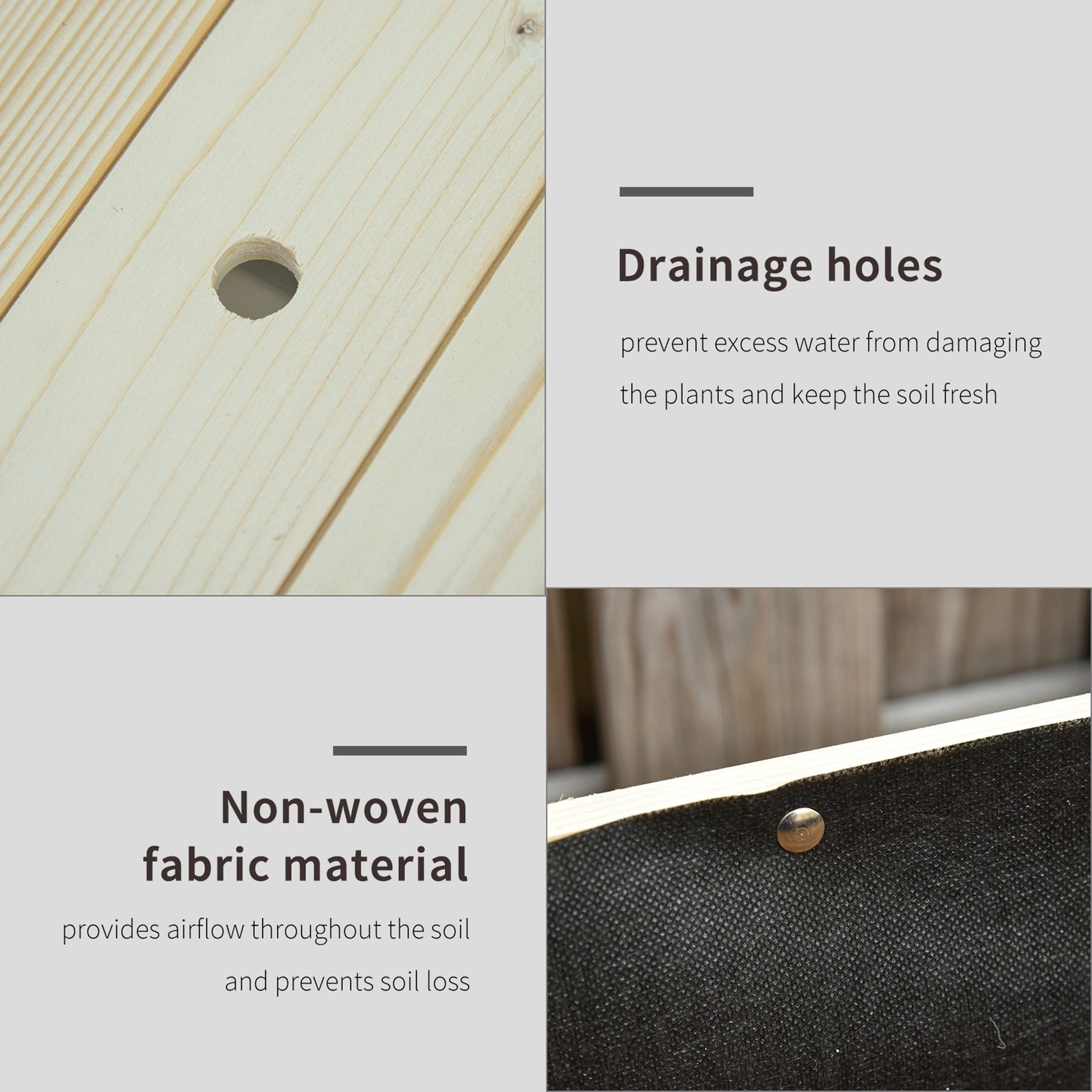 Closeup of light wood planter with a drainage hole