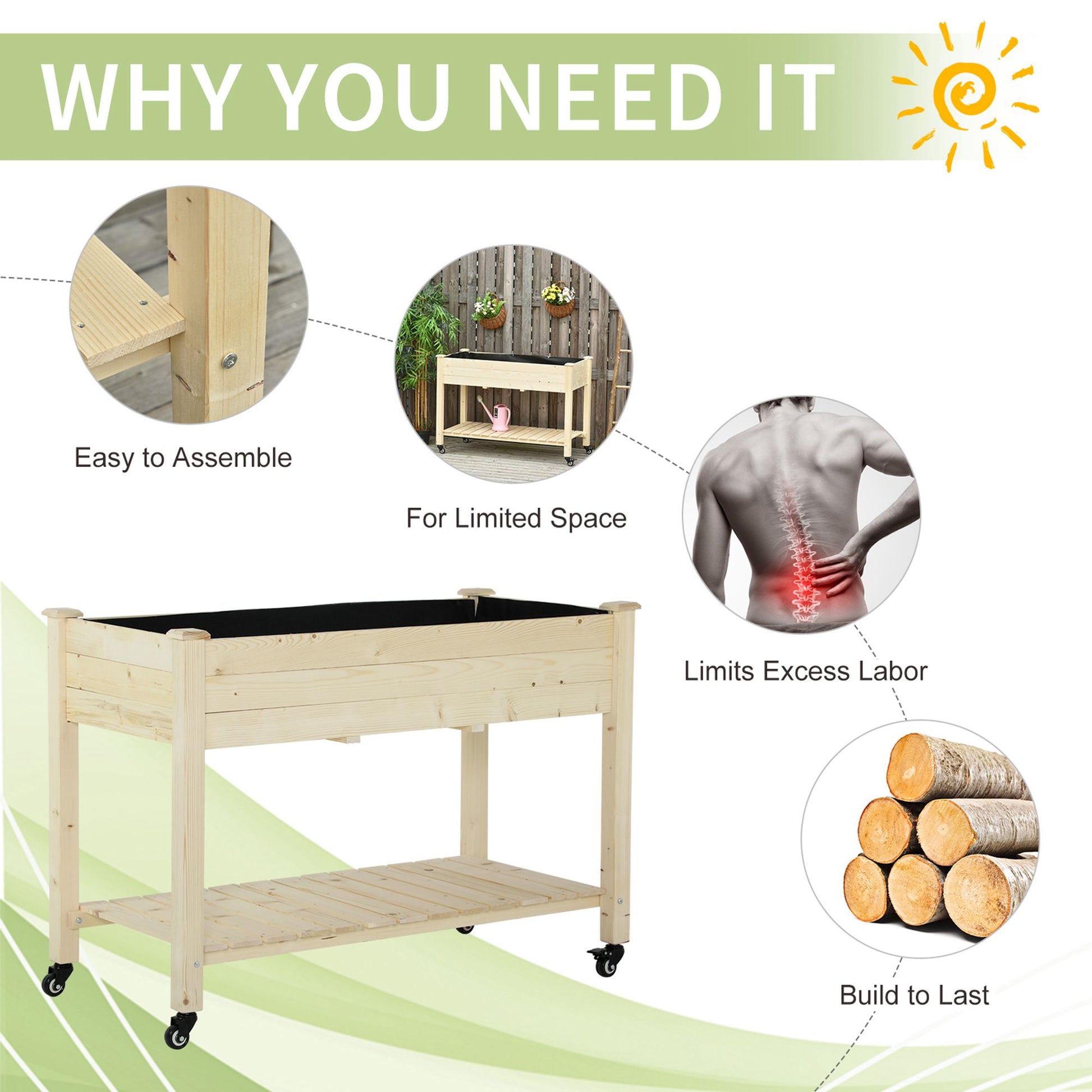 Wooden raised garden bed with wheels easy to assemble for urban gardeners