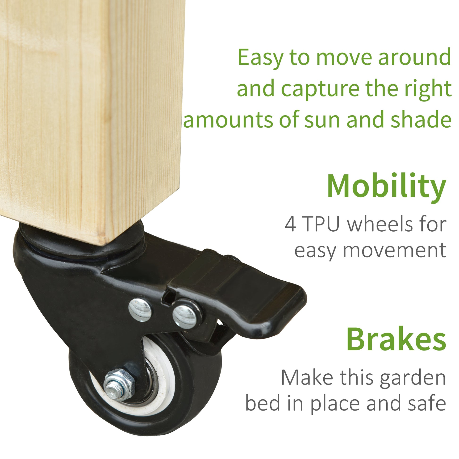 Garden bed caster wheel with brake and rubber tire for easy mobility