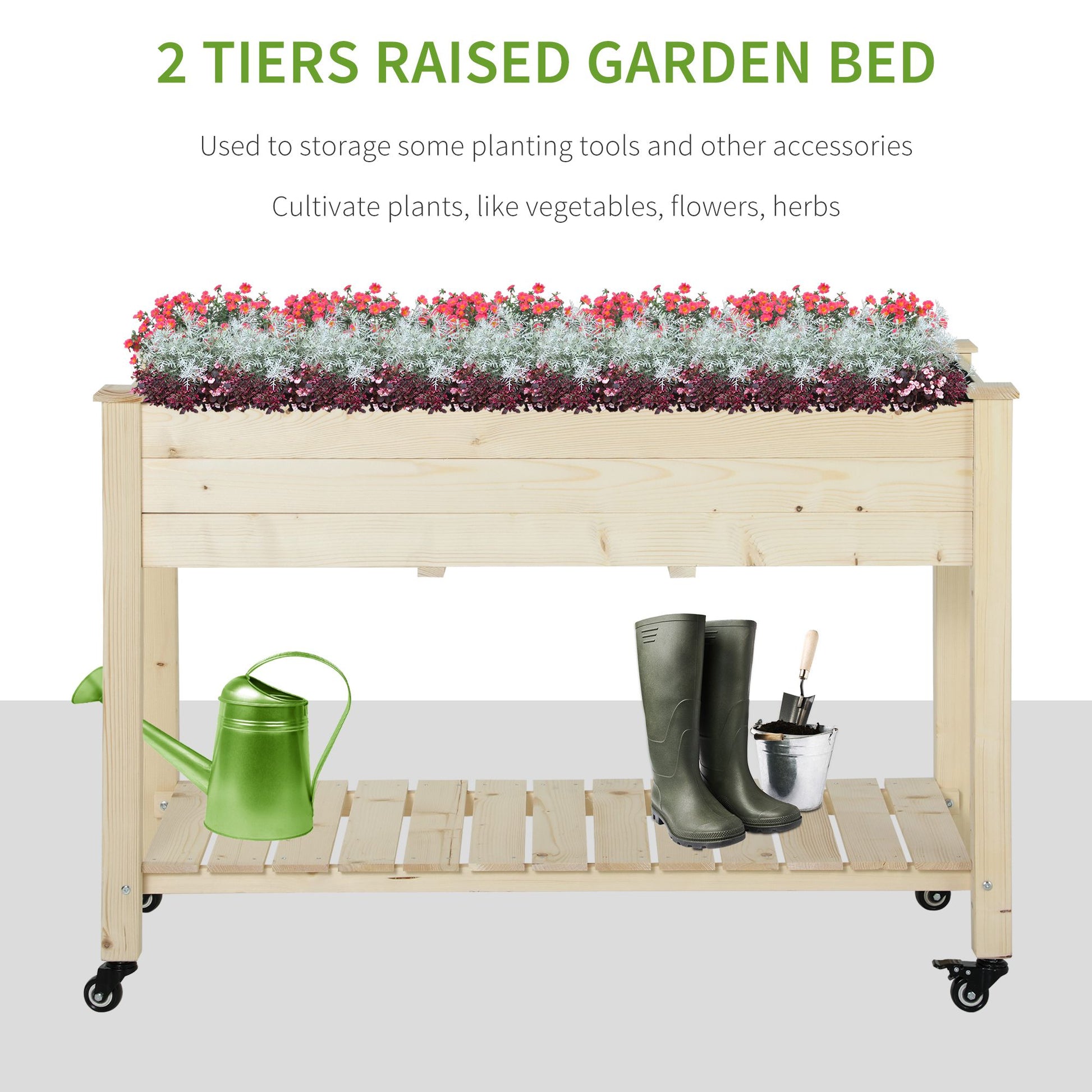 Wooden two tiers raised garden bed with colorful flowers a green watering can and gardening tools