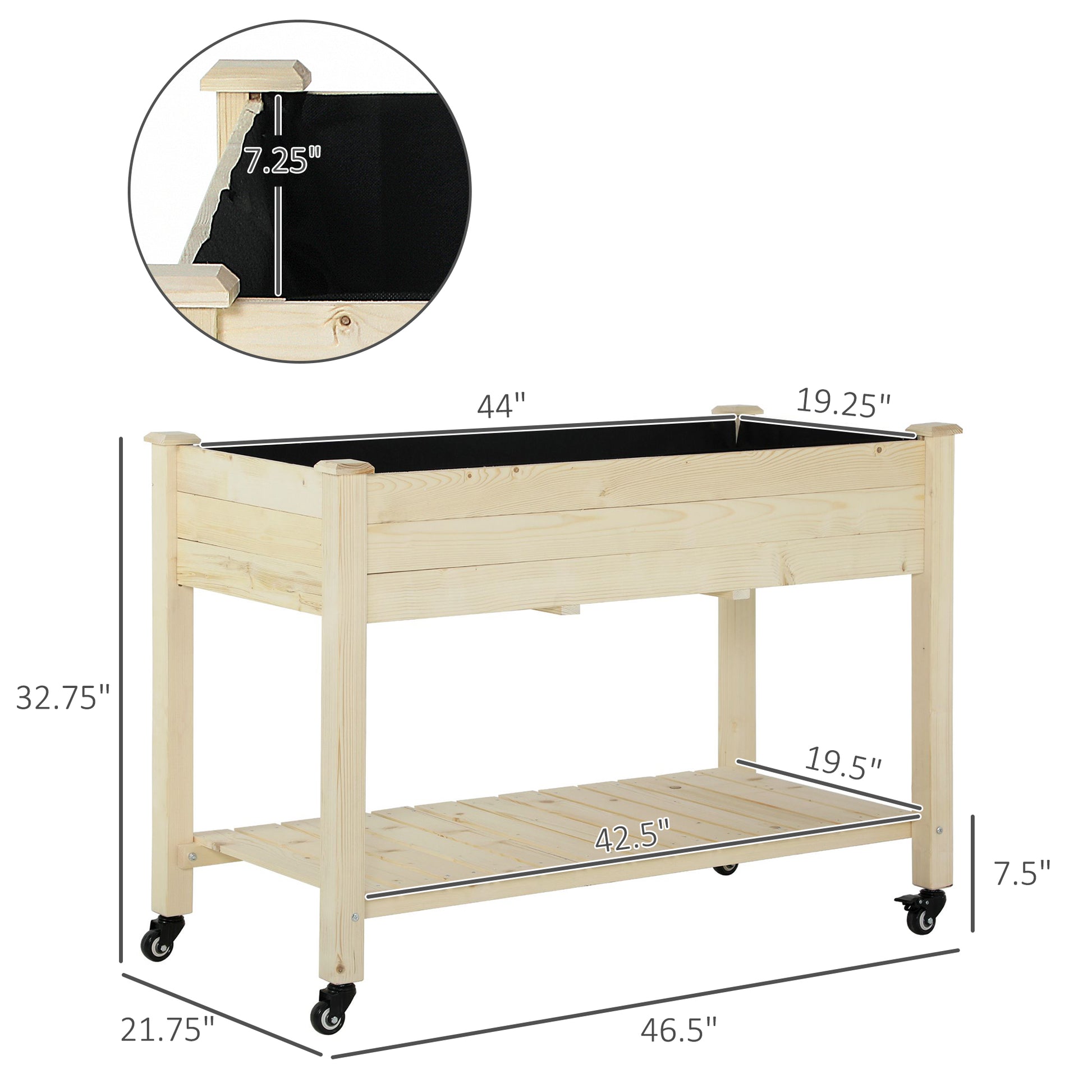 Wooden raised garden bed with black liner and wheels  long