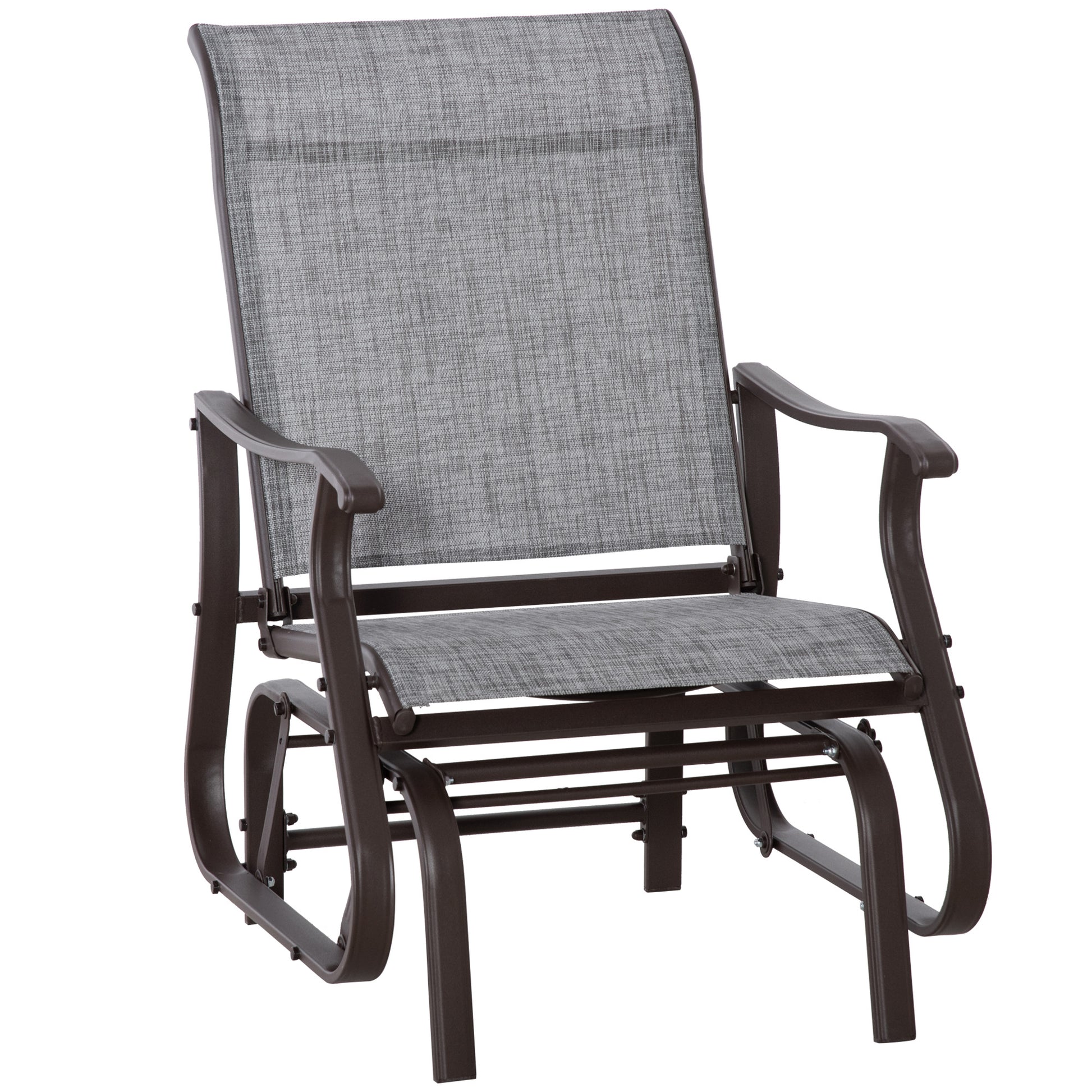 Gray fabric patio glider chair with brown metal frame and armrests