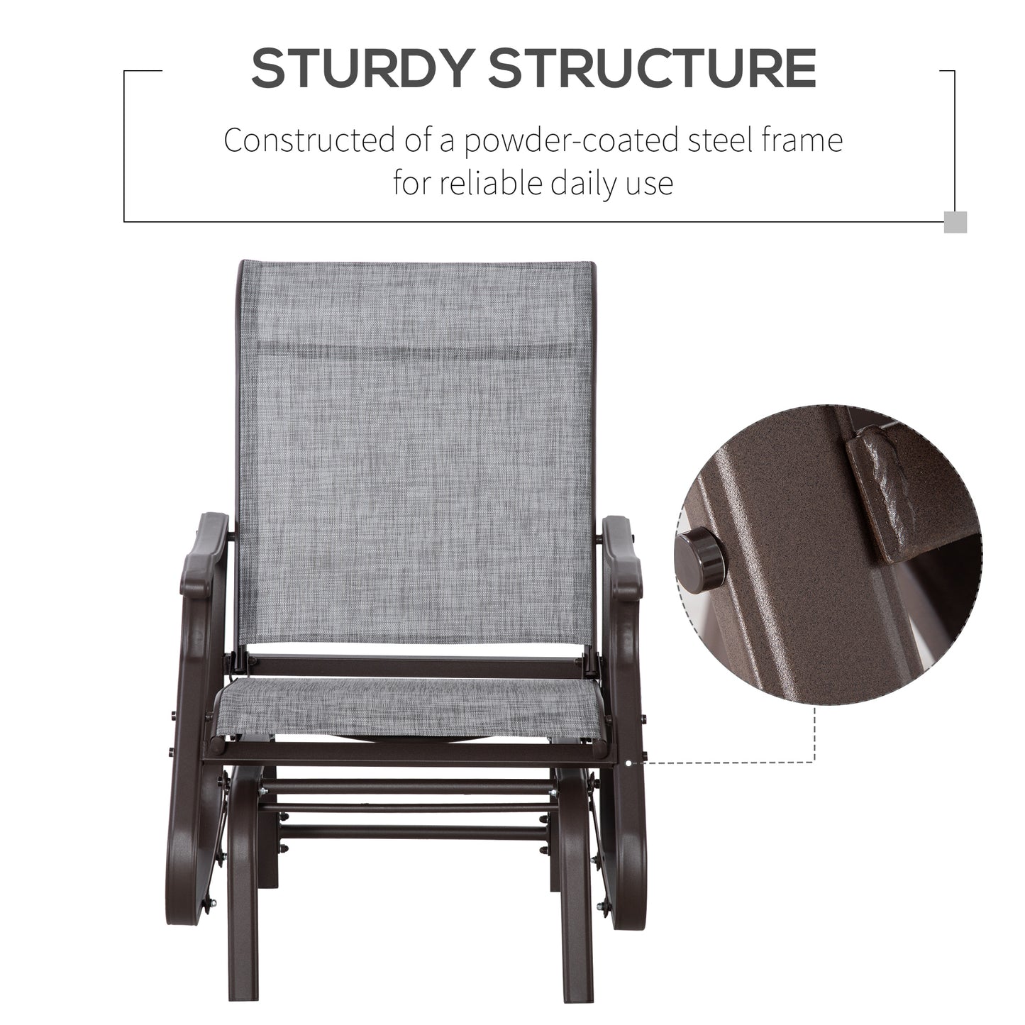 Brown metal glider chair with gray fabric seat and back perfect for patios