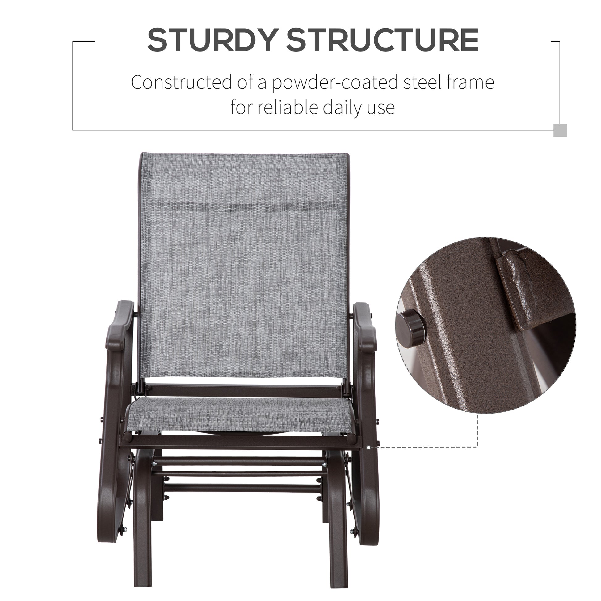 Brown metal glider chair with gray fabric seat and back perfect for patios