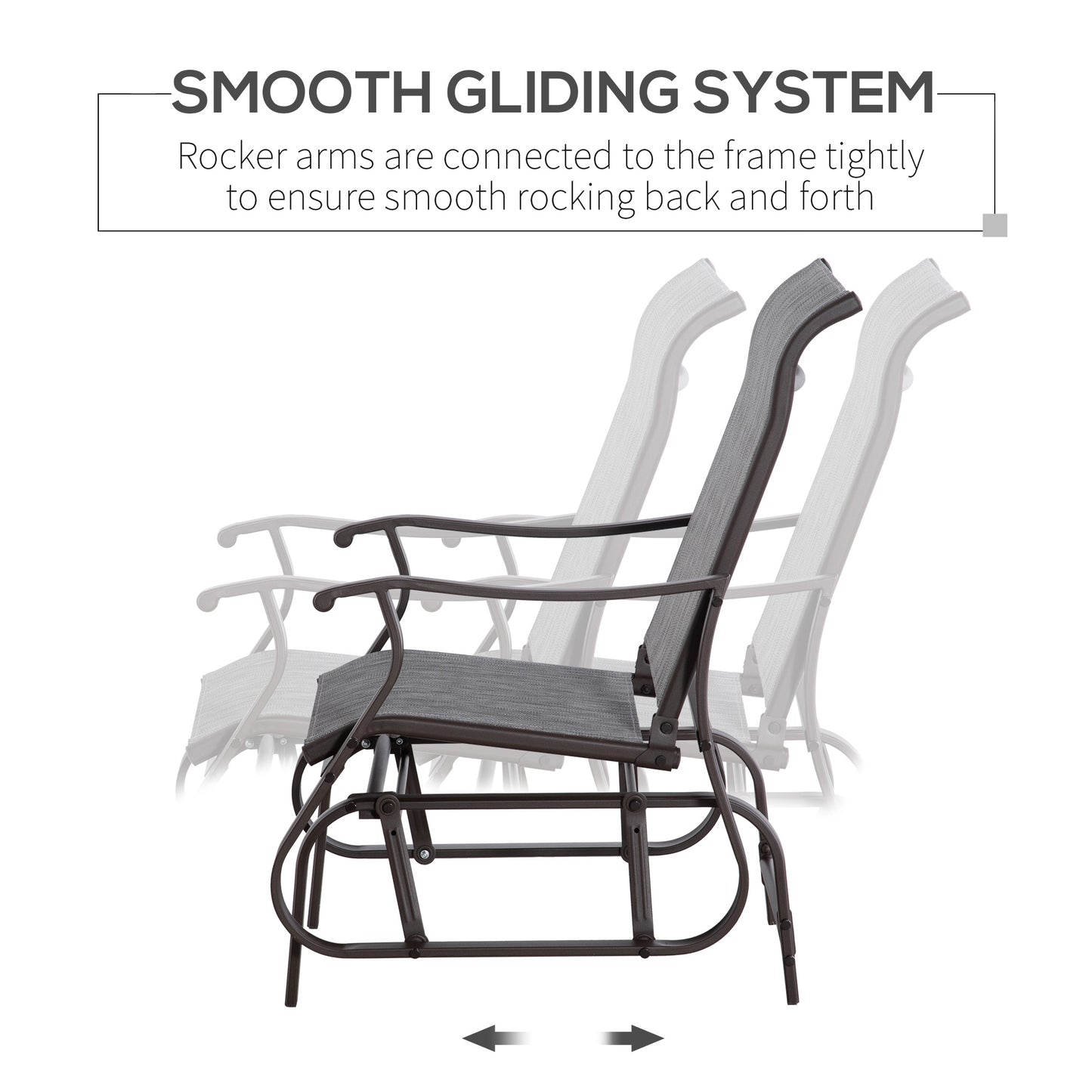 Brown metal outdoor glider chair with gray fabric seat and back