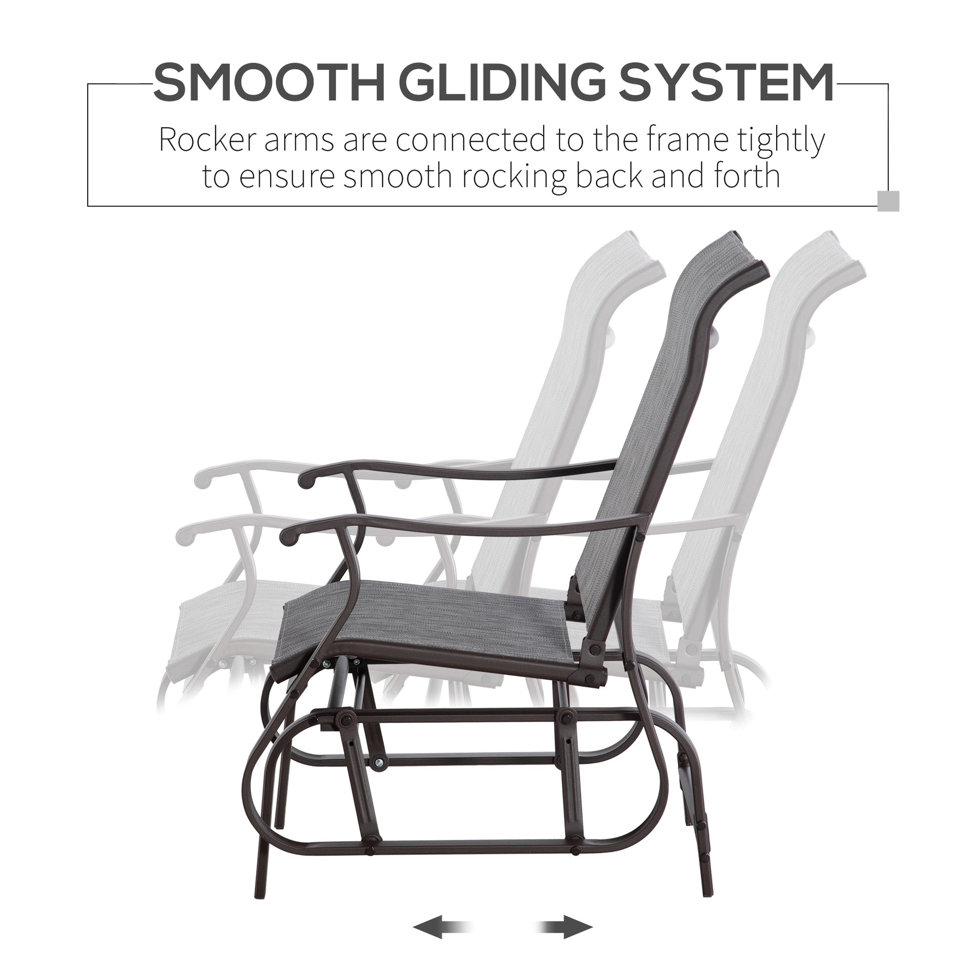 Brown metal outdoor glider chair with gray fabric seat and back