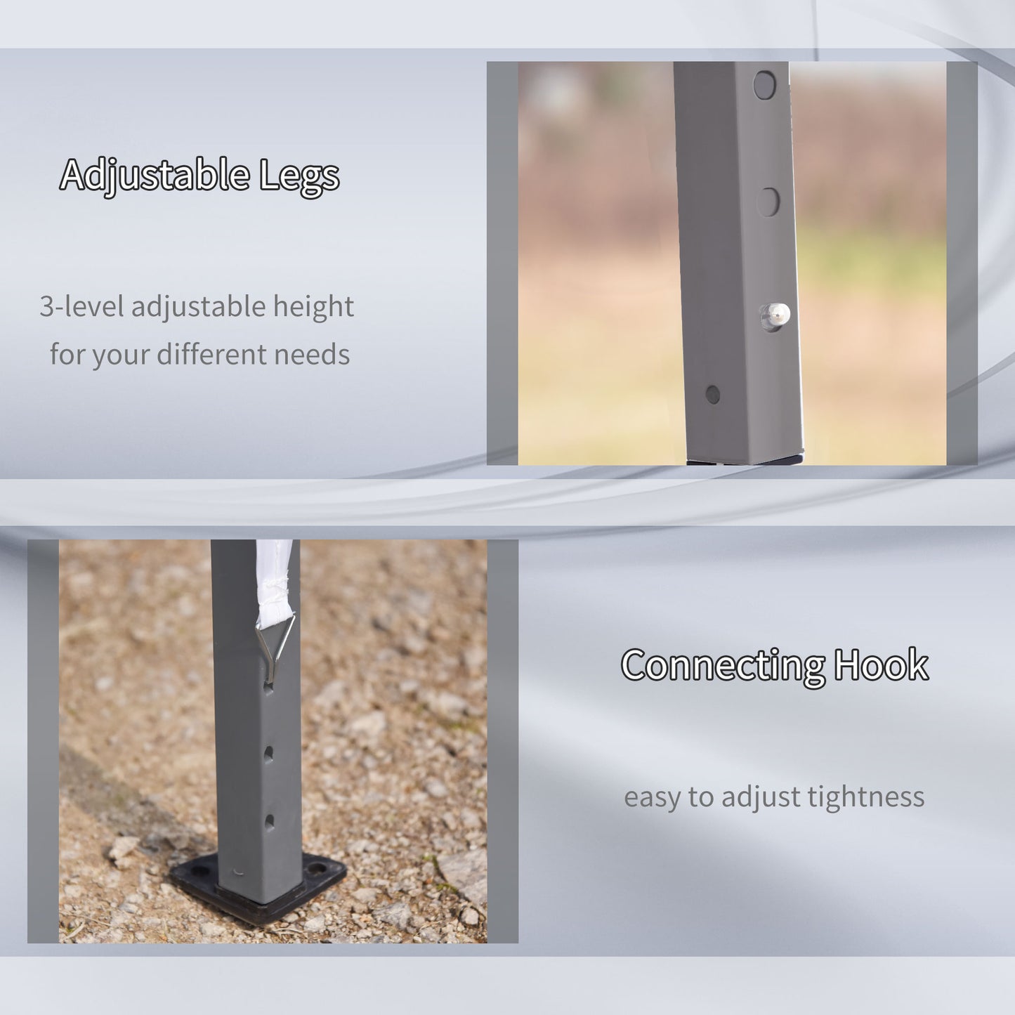 Closeup of grey adjustable canopy leg with pin showing height adjustment