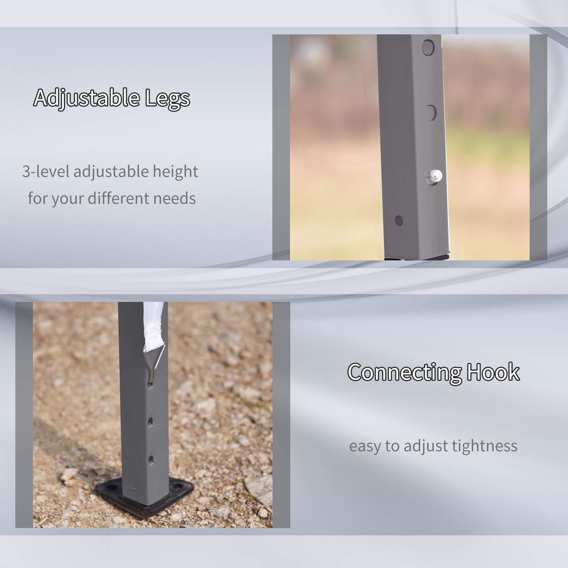 Closeup of grey adjustable canopy leg with pin showing height adjustment