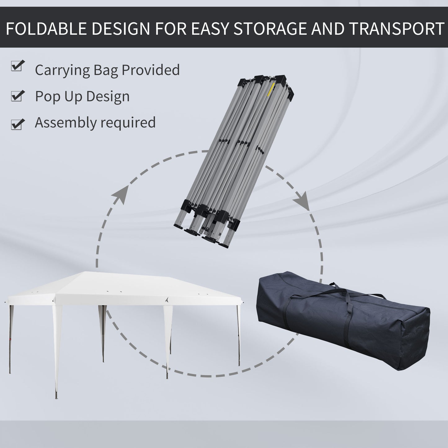 White pop up canopy tent in use with folded frame and carrying bag nearby