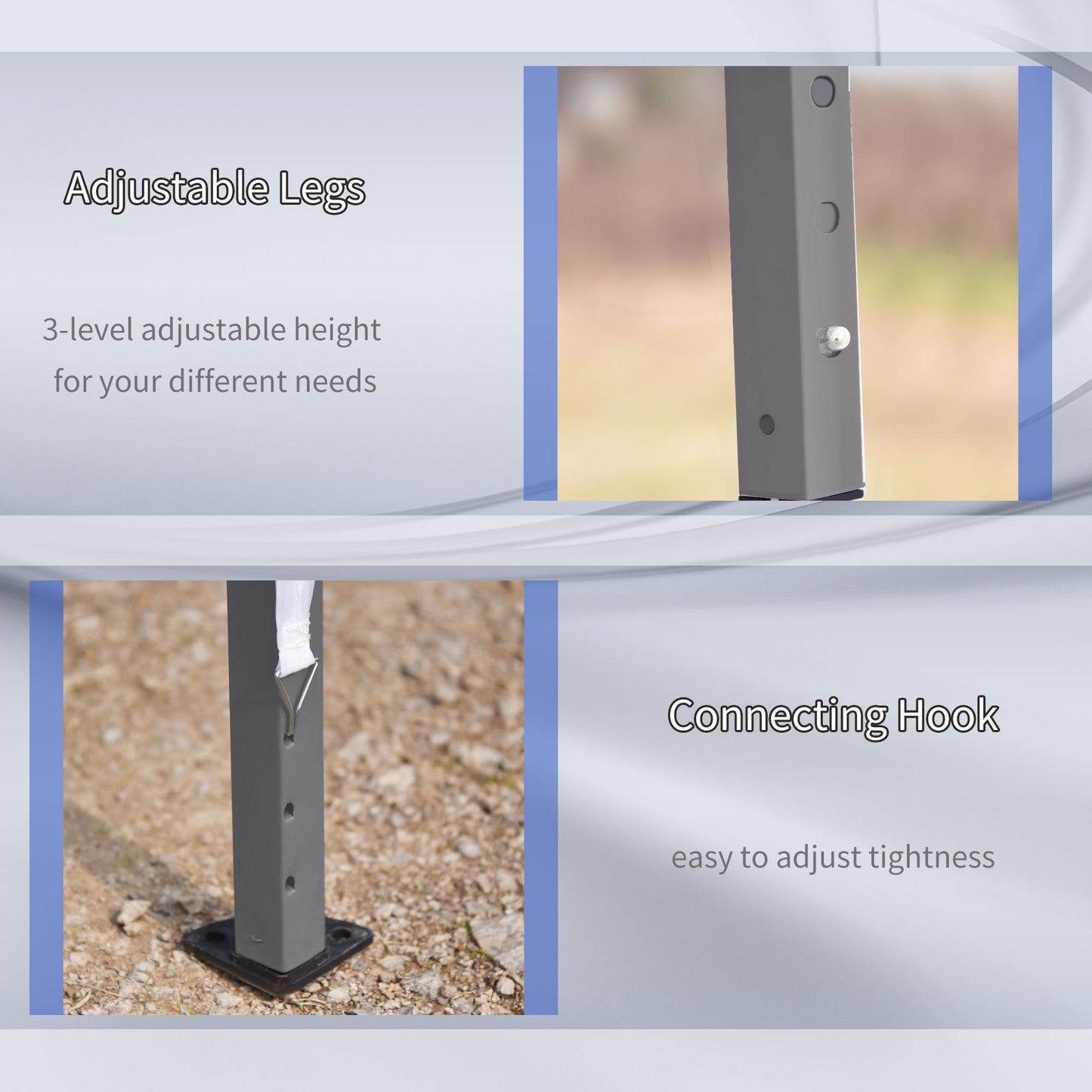 Closeup of gray metal adjustable legs for a tent with pinholes for height adjustment