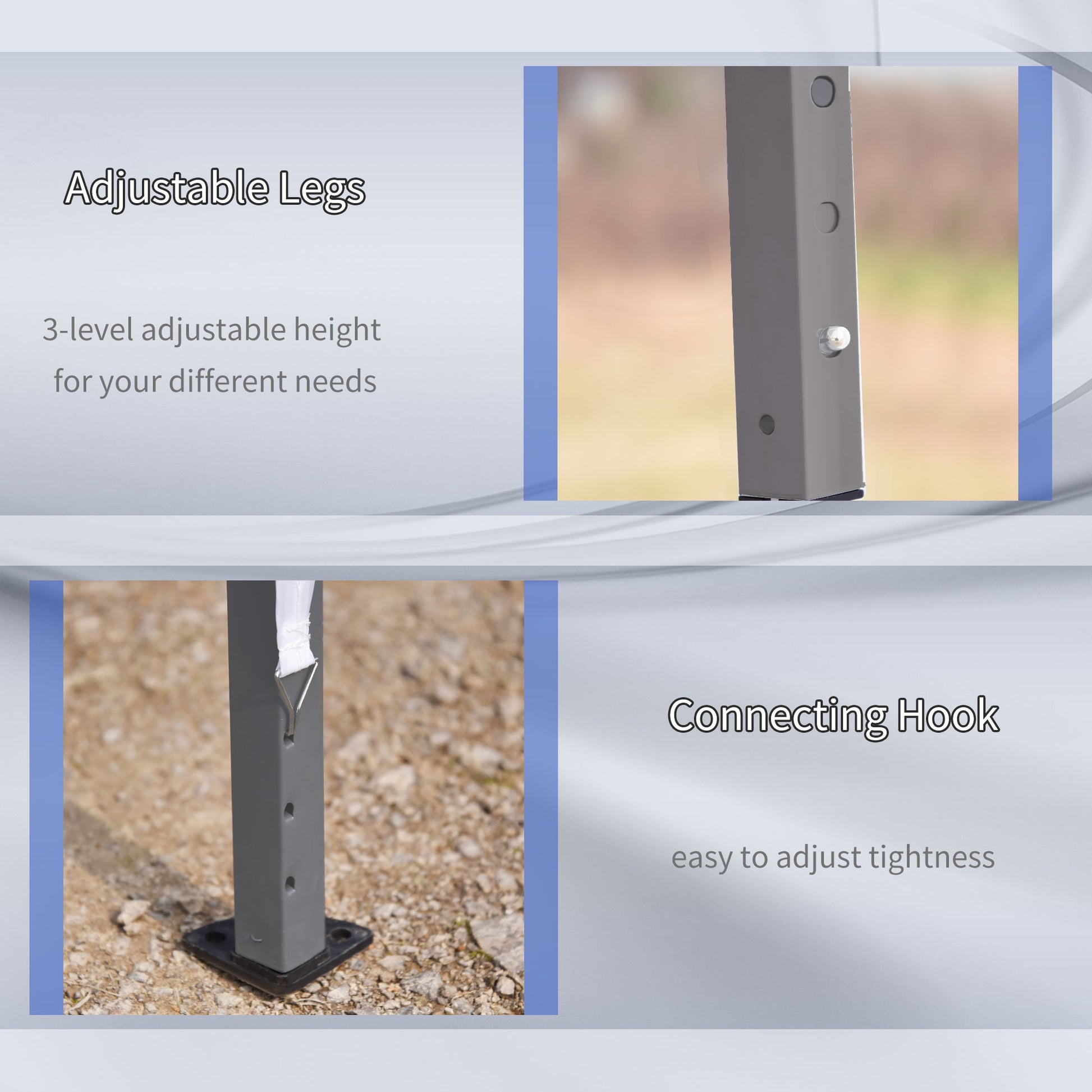 Closeup of gray metal adjustable legs for a tent with pinholes for height adjustment