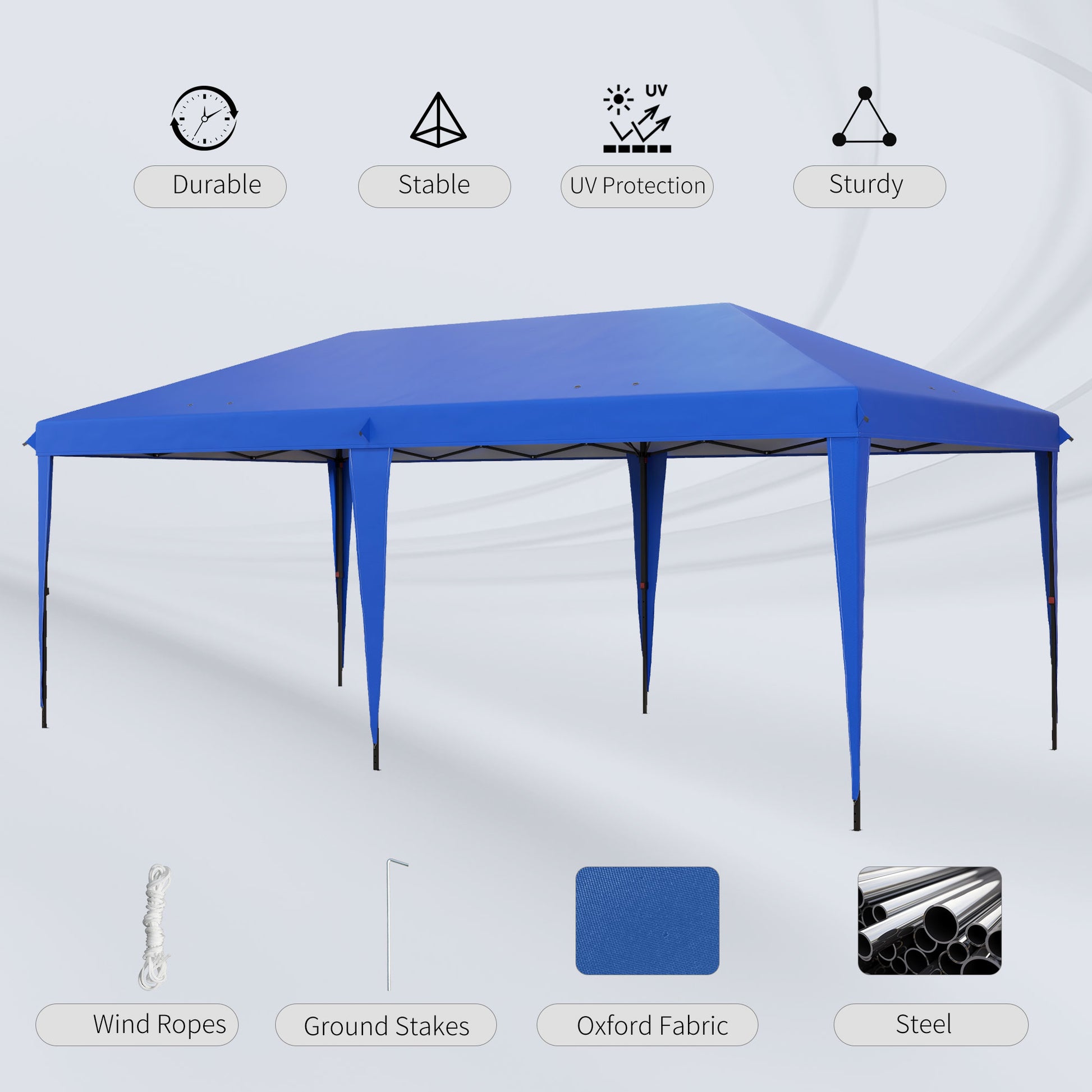 Blue popup canopy tent with steel frame Oxford fabric and wind ropes for outdoor events