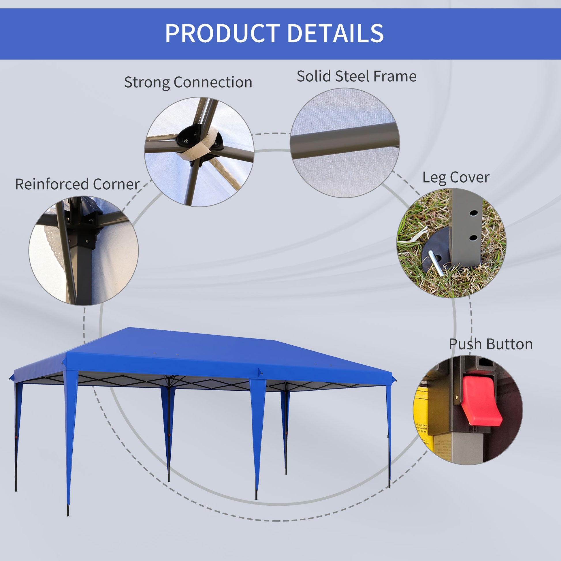Blue canopy tent with reinforced corners and solid steel frame for outdoor events