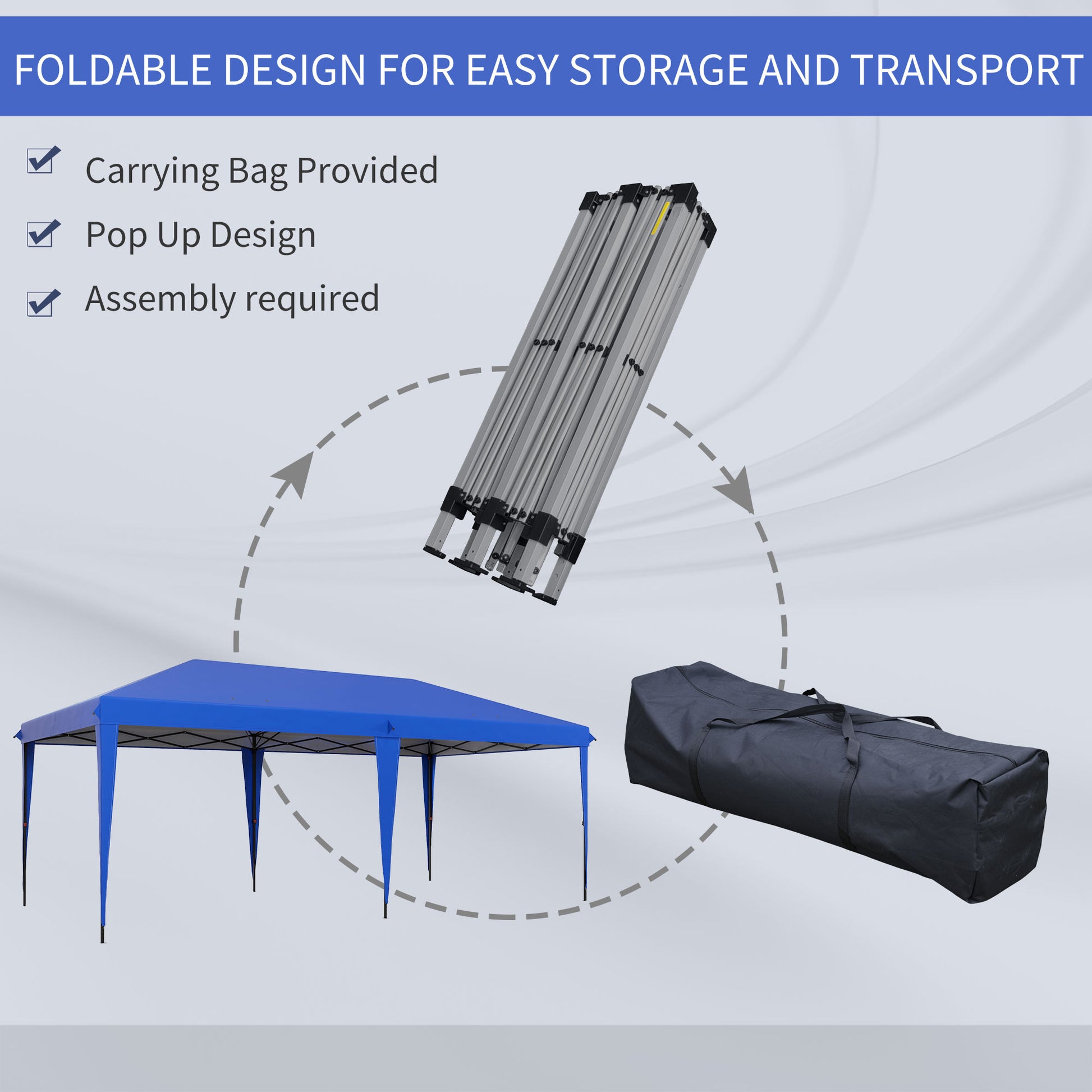 Blue popup canopy tent with folded silver frame and black carrying bag for easy transport