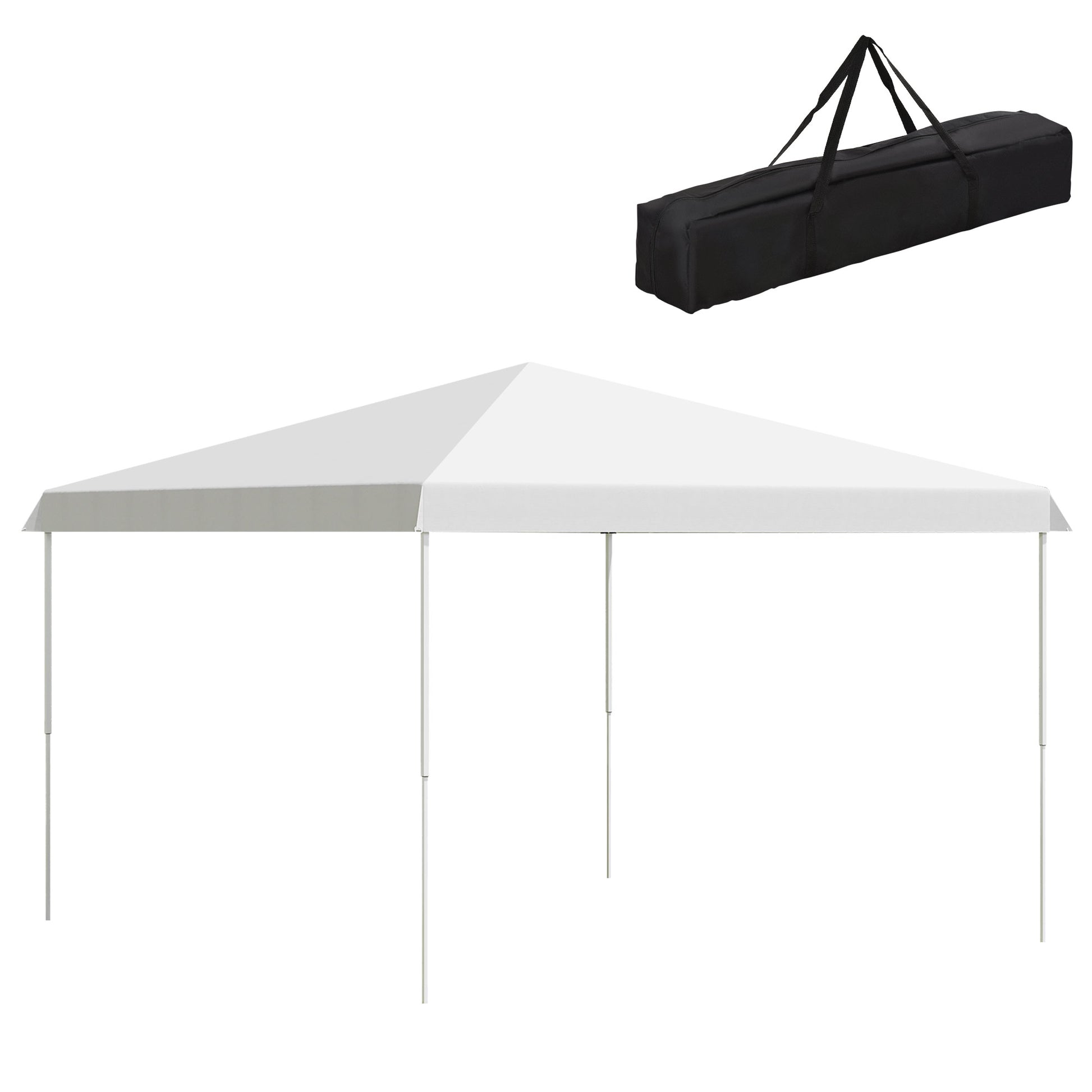 White popup canopy tent with silver metal frame and black carrying bag