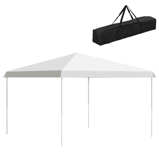 White popup canopy tent with silver metal frame and black carrying bag