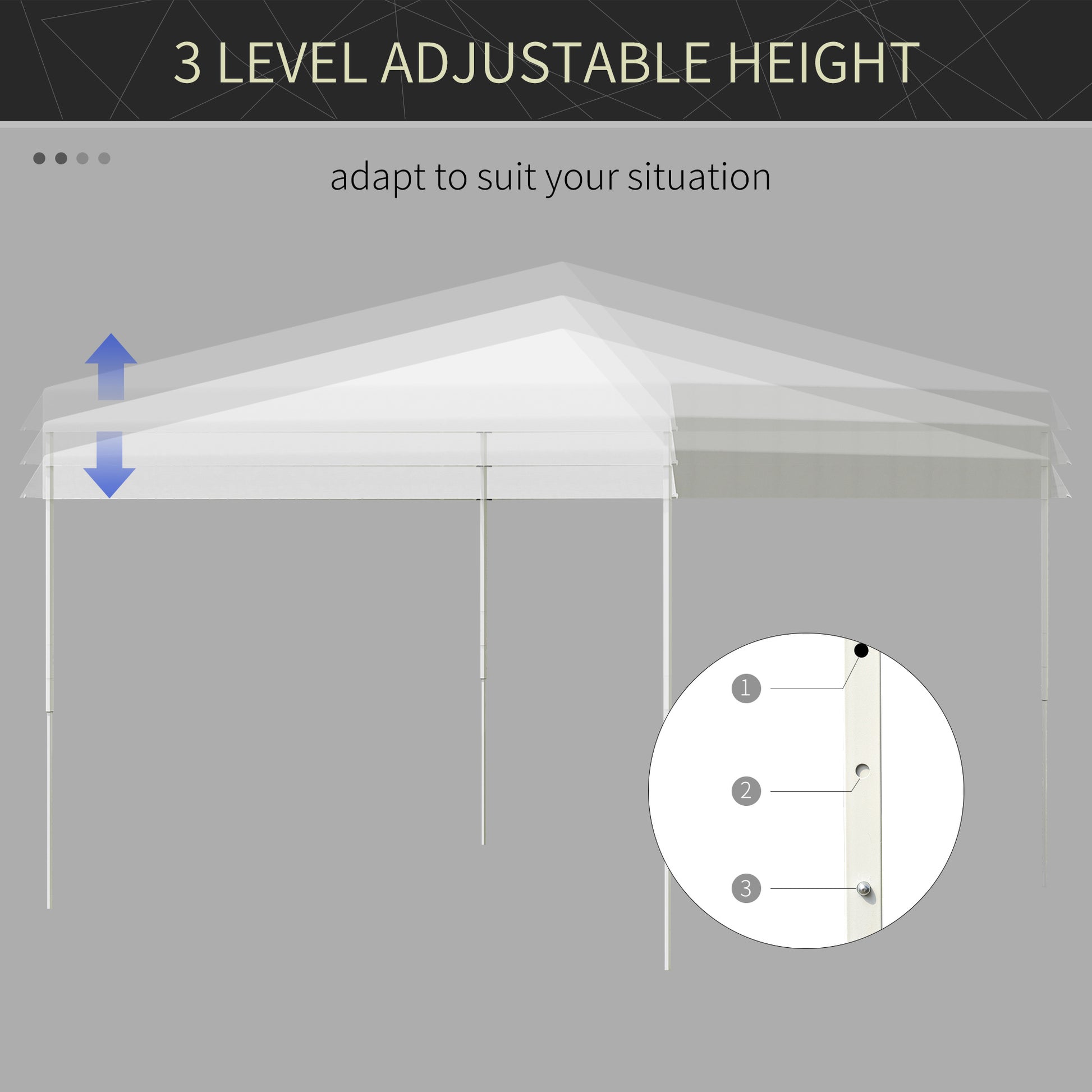 White adjustable height canopy tent with three possible roof levels adaptable for outdoor events
