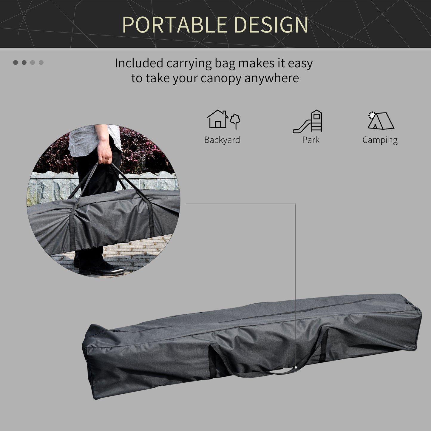 Black fabric carrying bag for a portable canopy featuring sturdy handles for easy transport