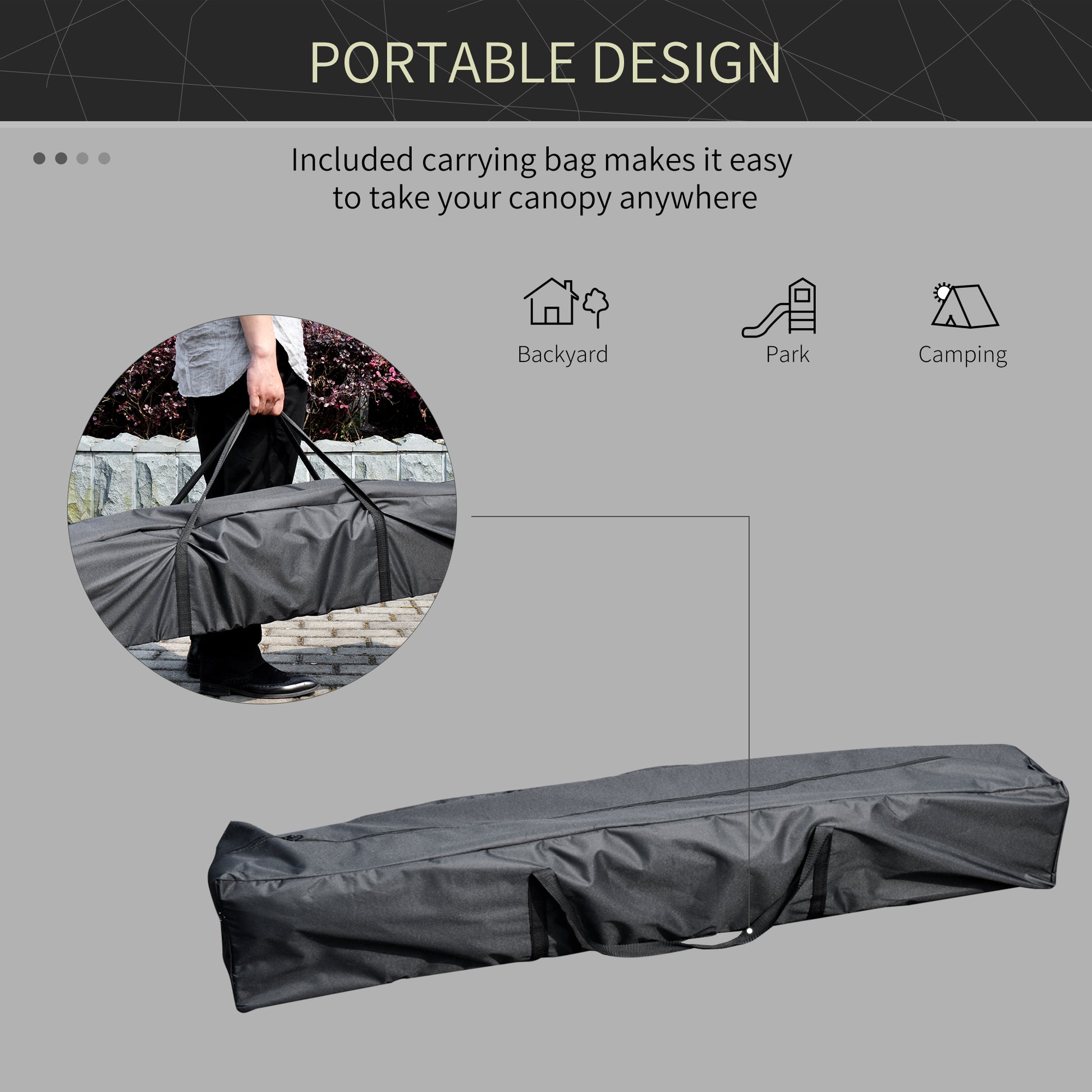 Black fabric carrying bag for a portable canopy featuring sturdy handles for easy transport