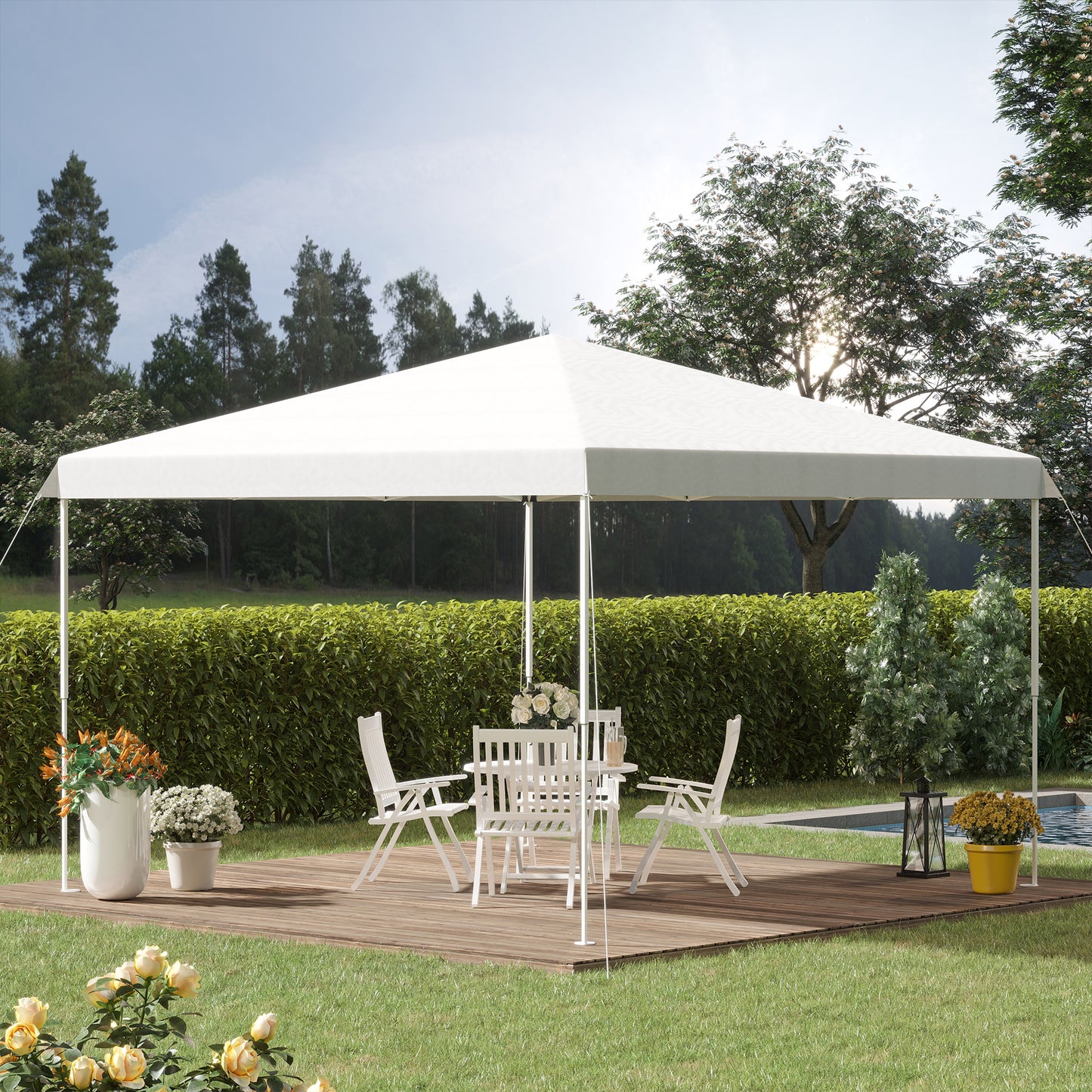 White outdoor canopy tent with a white table and chairs set
