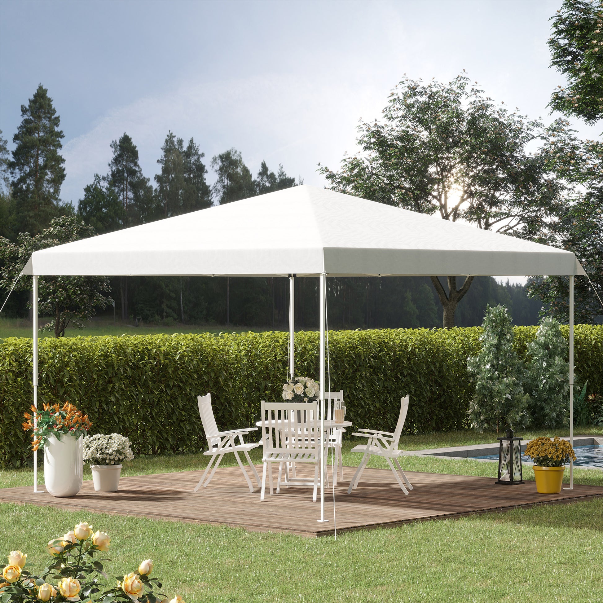 White outdoor canopy tent with a white table and chairs set