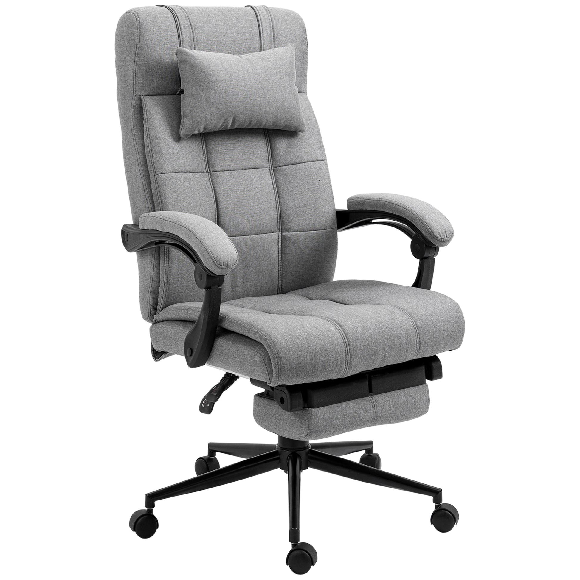 Gray fabric executive chair with lumbar support adjustable armrests and footrest