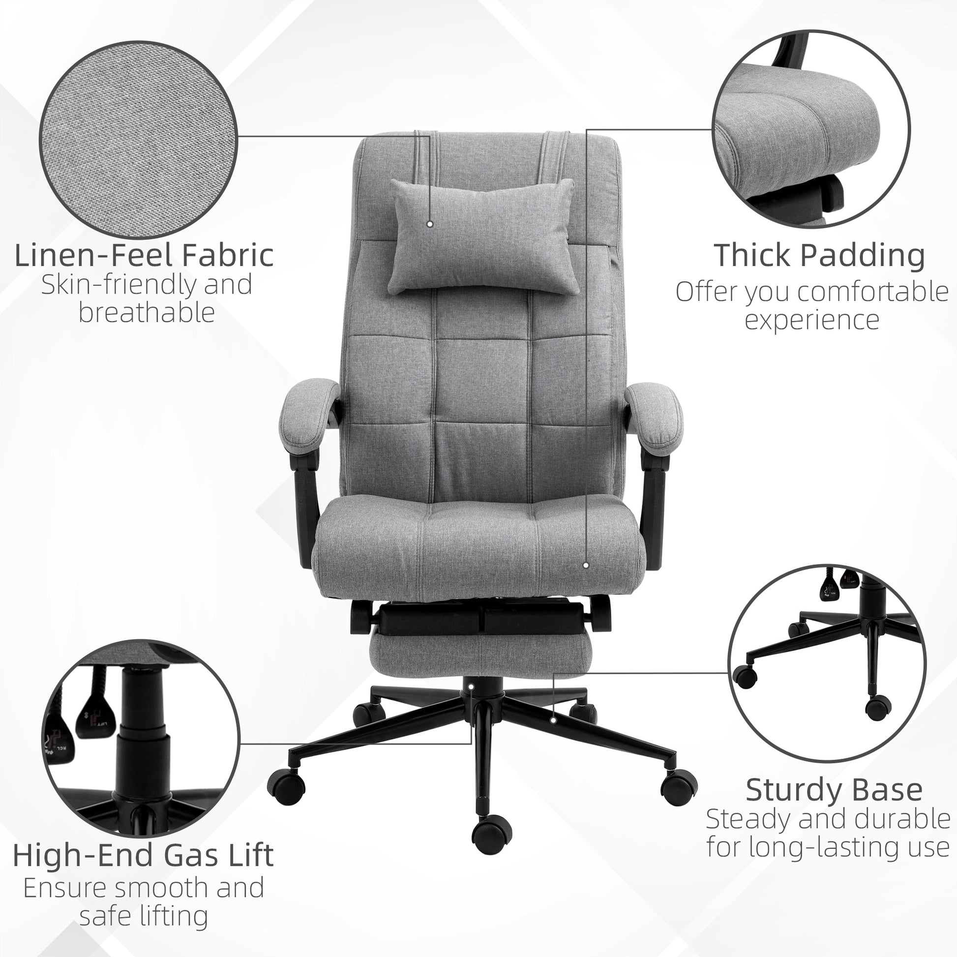 Grey linenfeel fabric office chair with thick padding and lumbar support