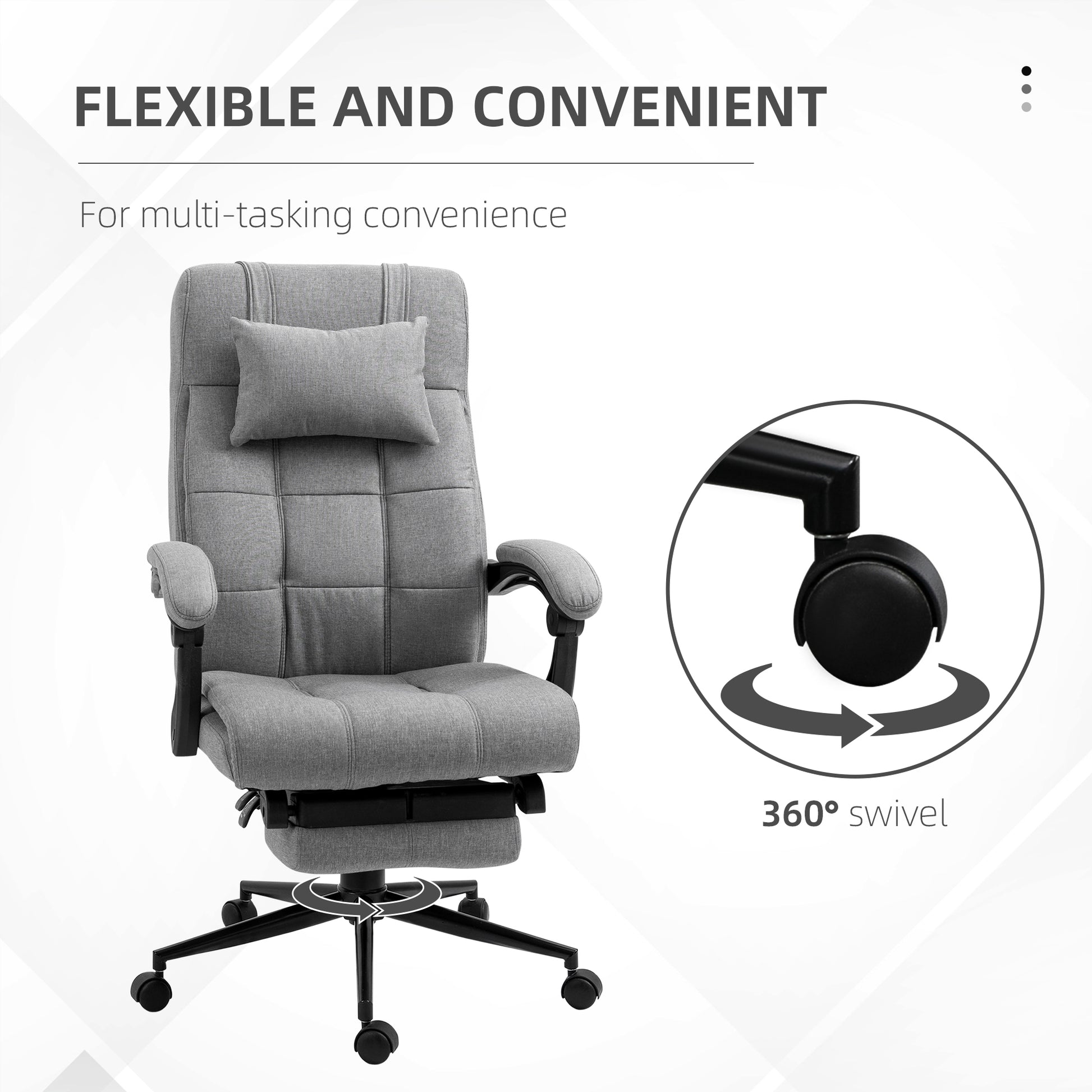 Grey fabric office chair with padded seat arms and headrest featuring a retractable footrest and swivel base