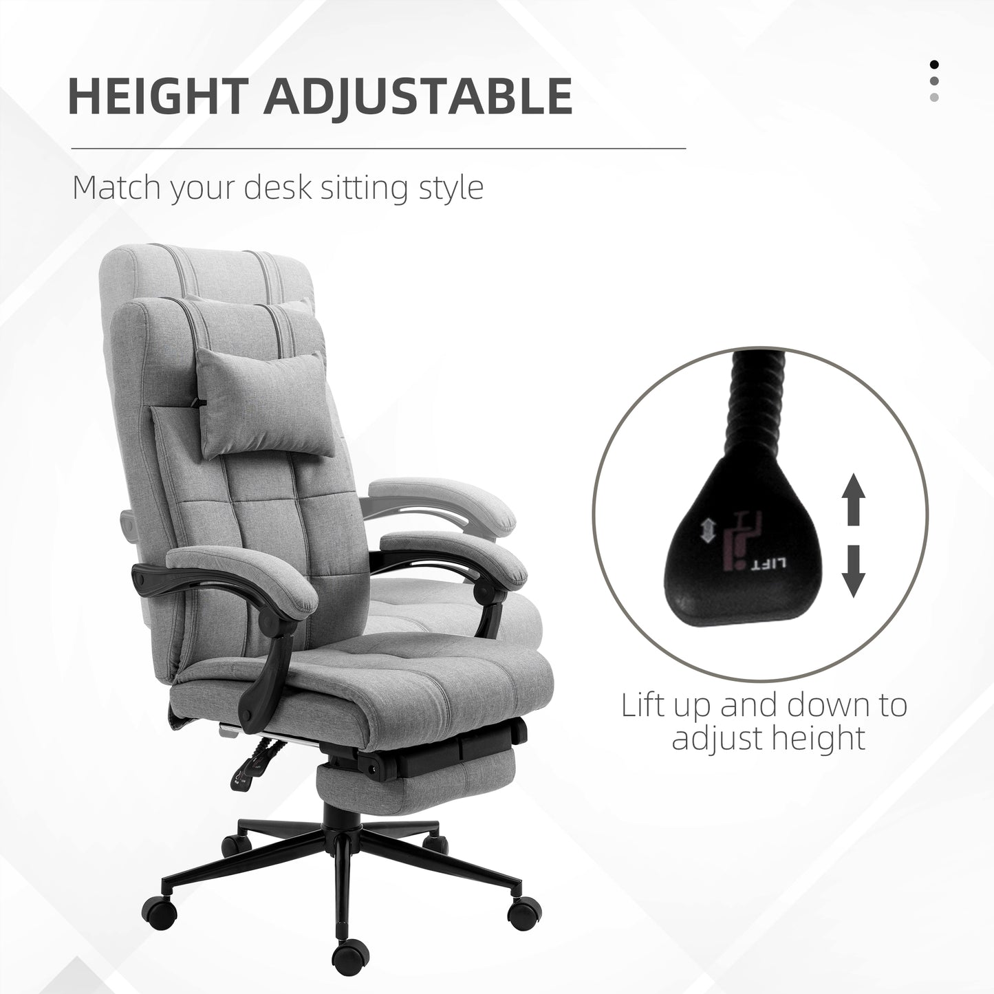 Grey upholstered ergonomic office chair with adjustable height and footrest