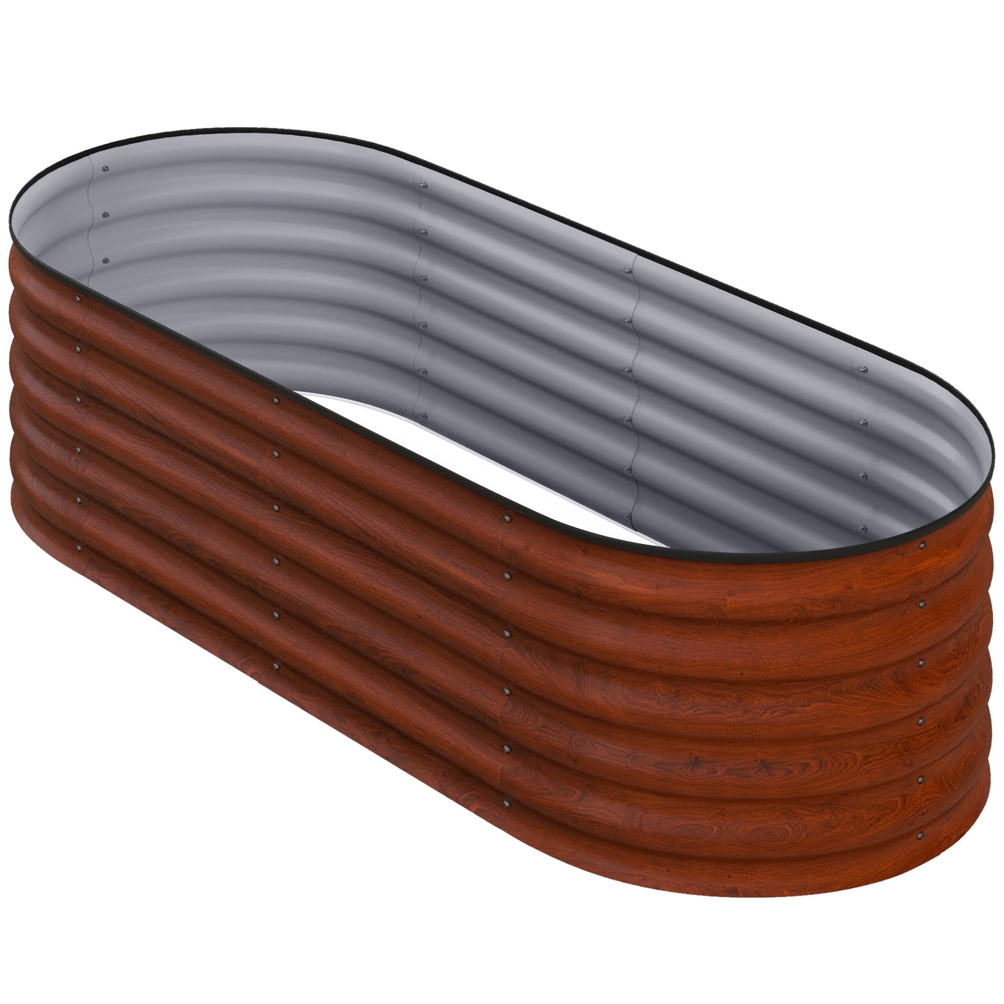 Oval raised garden bed with woodgrain finish and silver interior