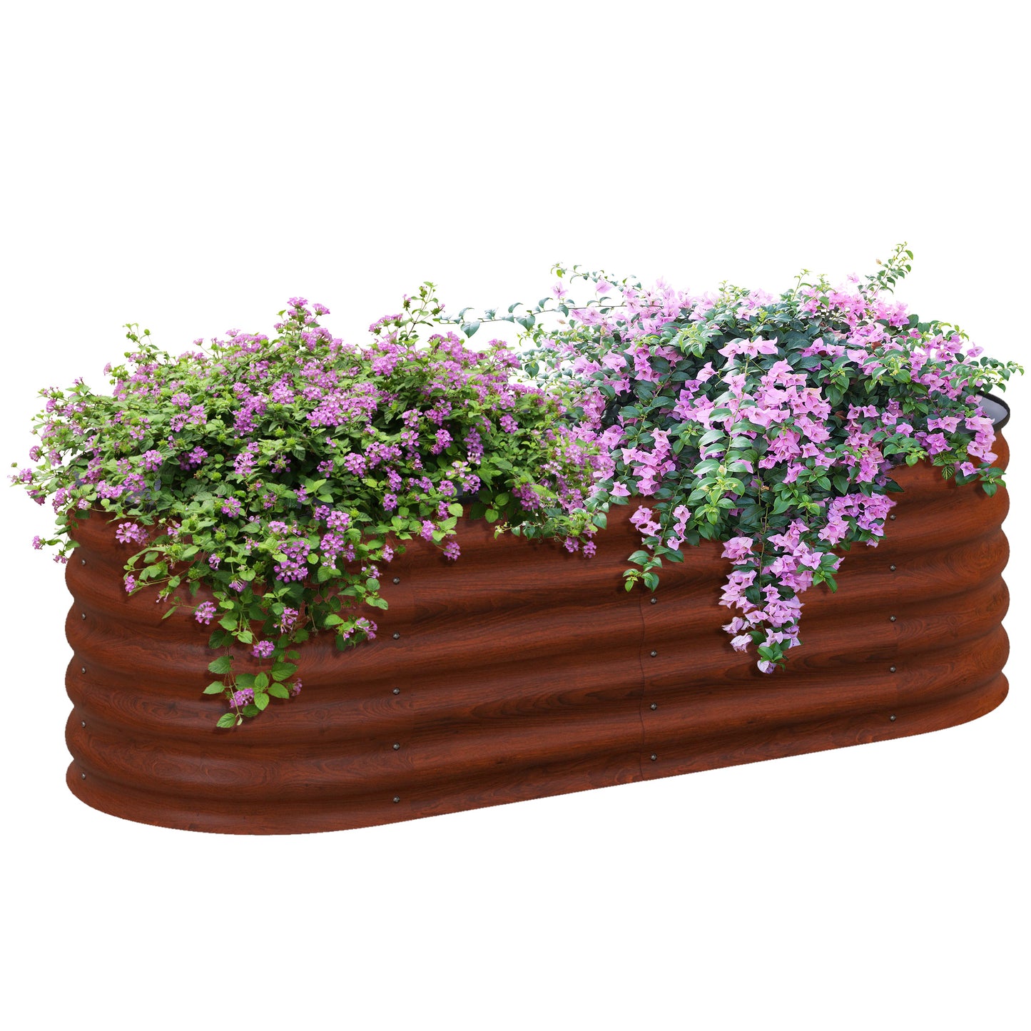 Corrugated raised garden bed with wood grain finish overflowing with pink bougainvillea