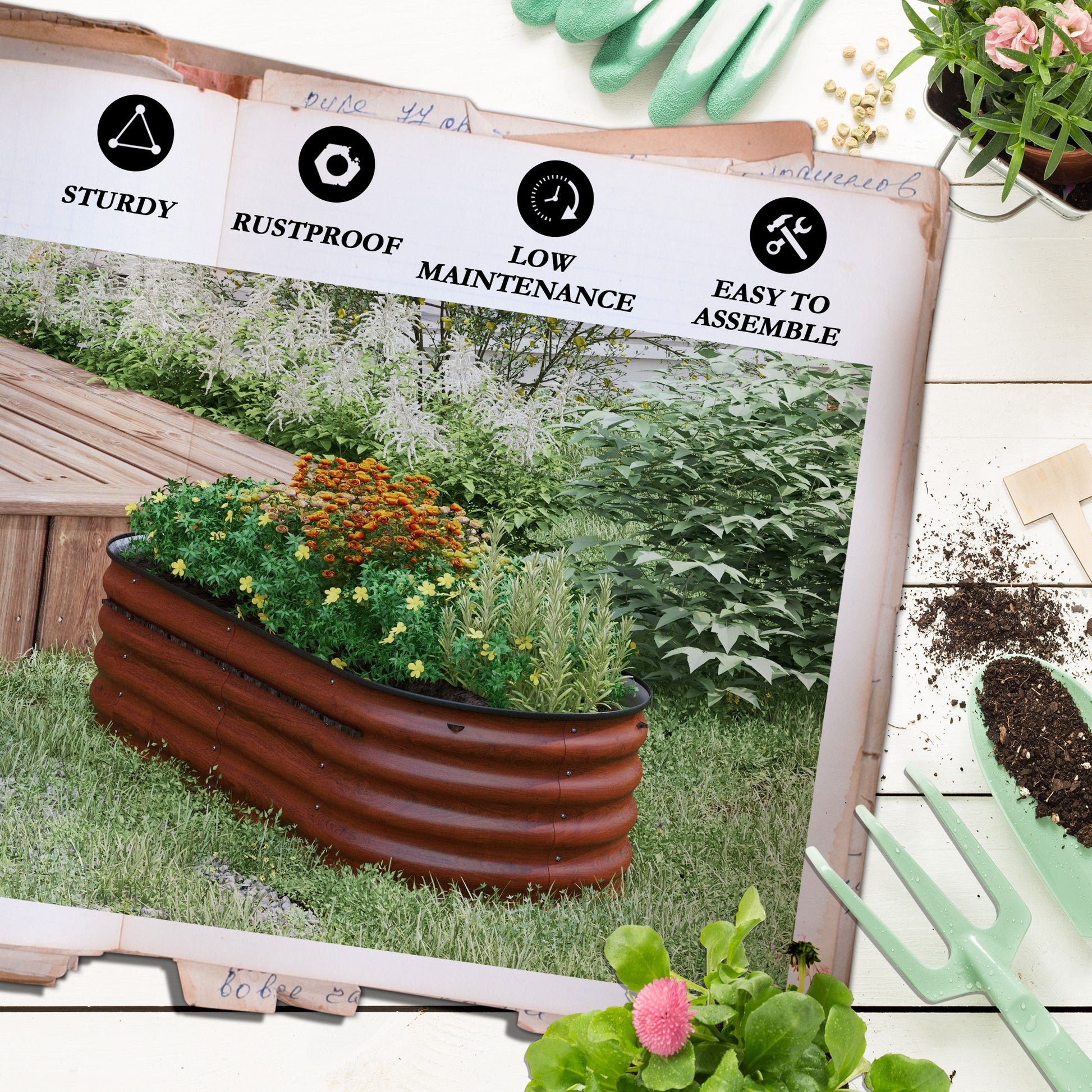 Rectangular brown metal raised garden bed filled with vibrant flowers and herbs