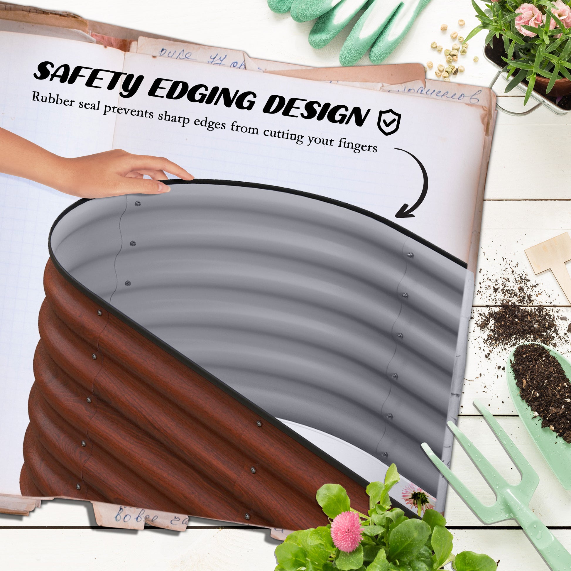 Corrugated raised garden bed with faux wood finish and safety edging