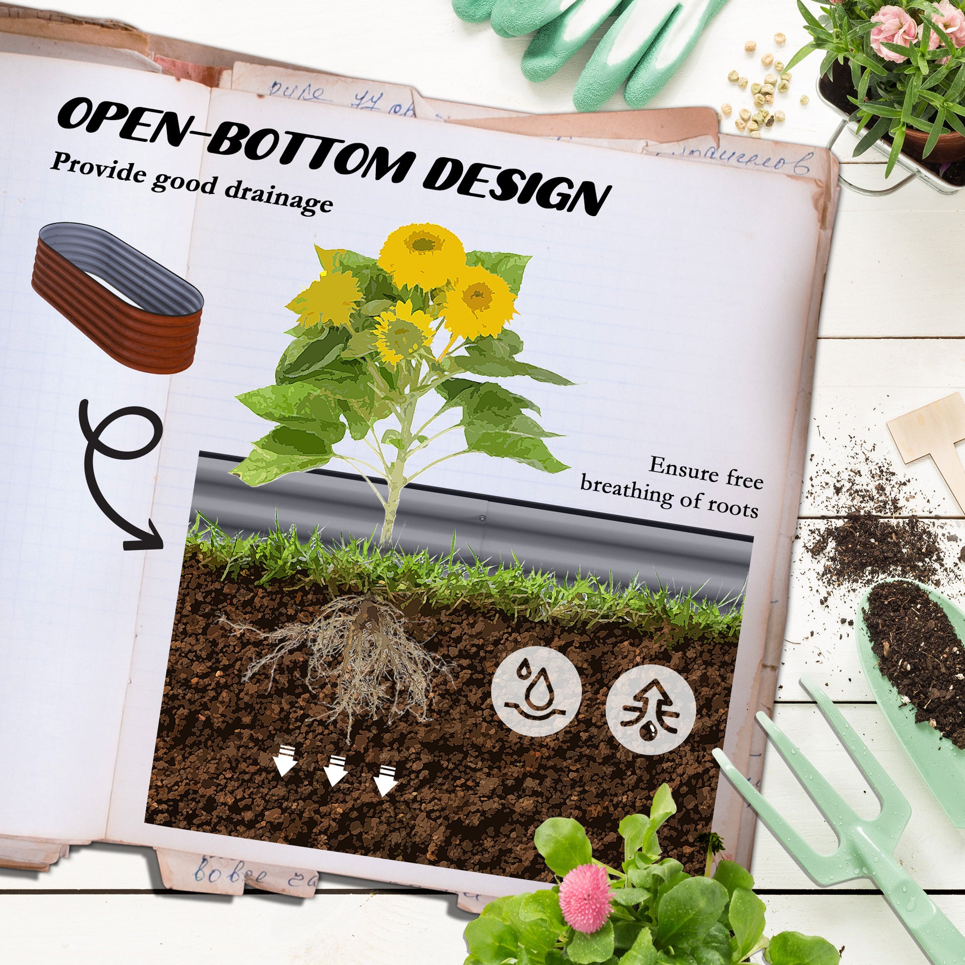 Copper garden bed with open bottom design for improved root drainage and plant health