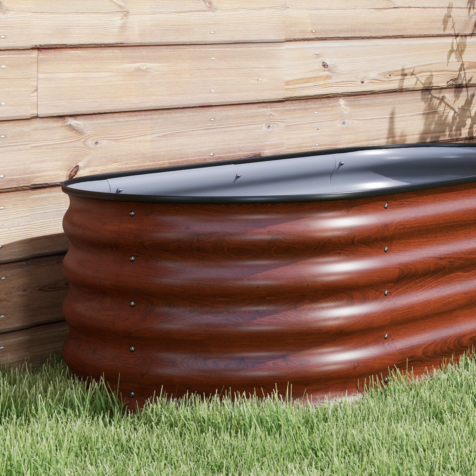 Wooden grain effect raised garden bed metal construction with black trim
