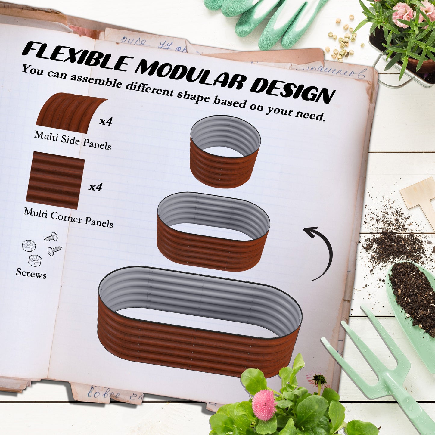 Brown corrugated metal raised garden bed panels modular design for flexible assembly