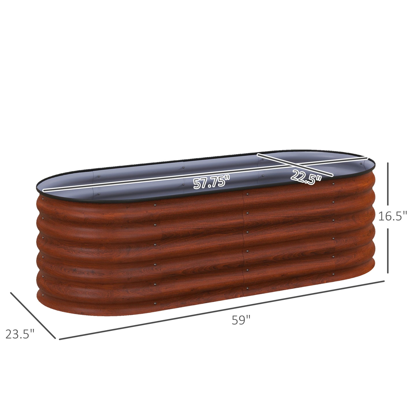 Rectangular corrugated metal raised garden bed wood grain finish  long  wide