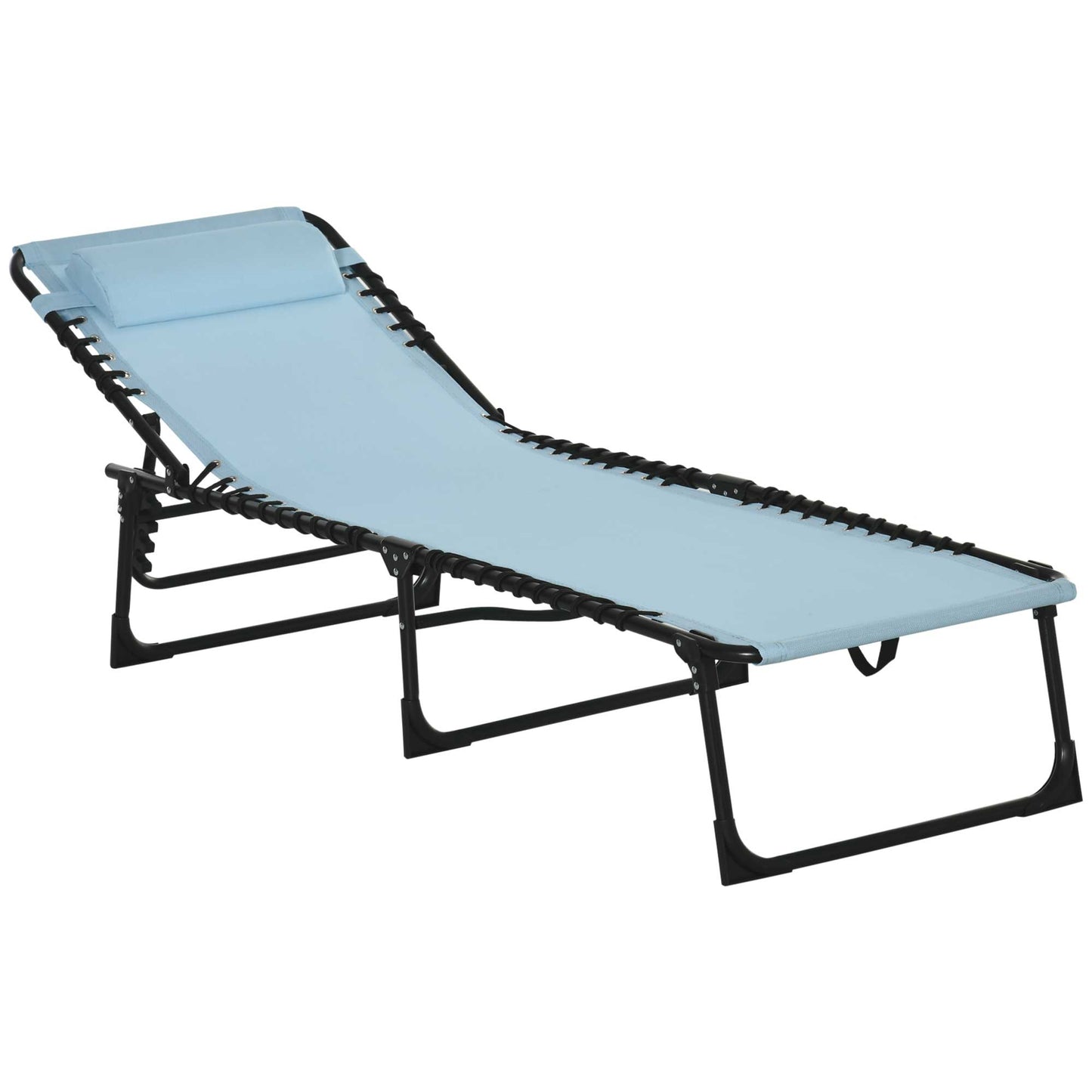 Light blue folding lounge chair with adjustable headrest perfect for patios and camping