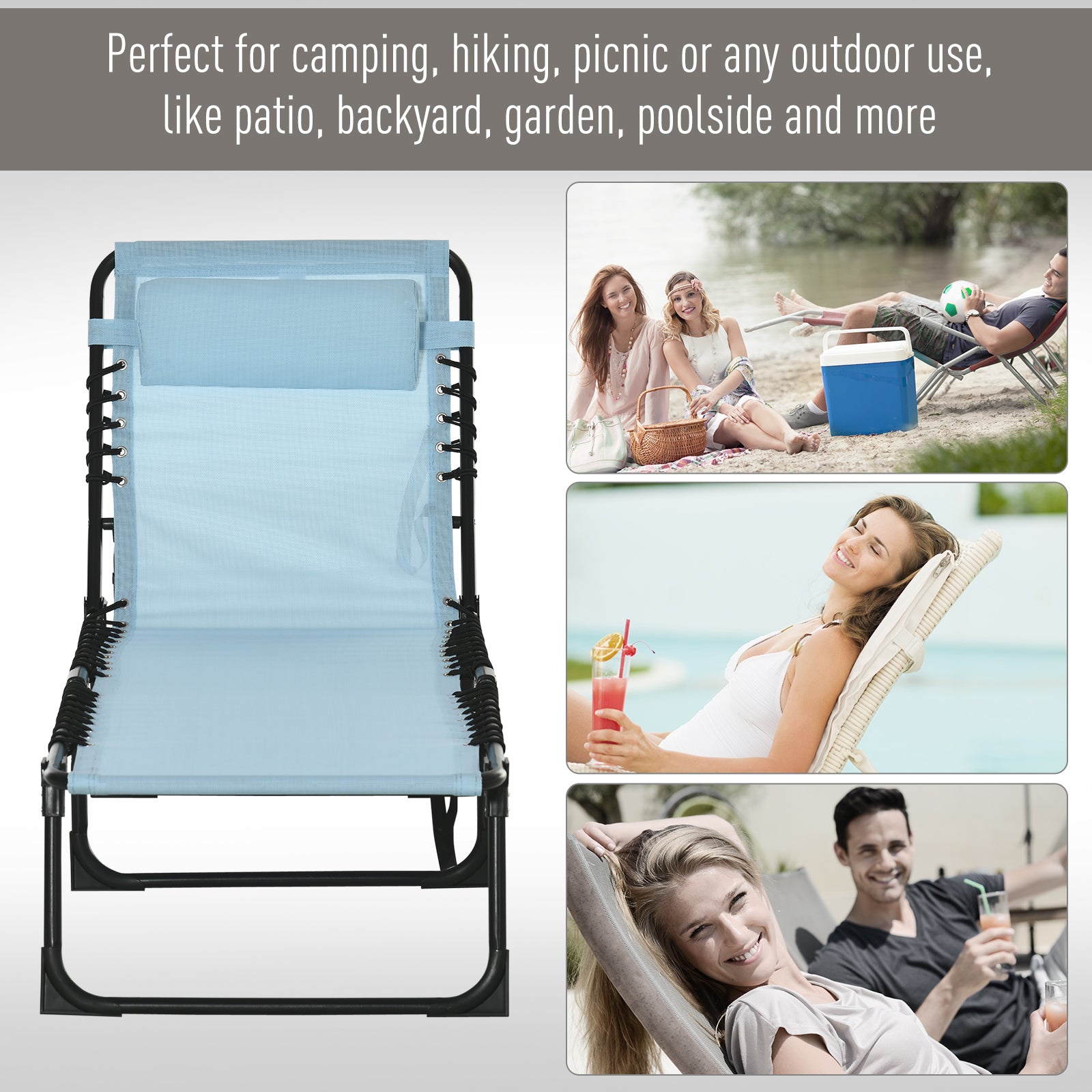 Light blue fabric zero gravity chair with black metal frame adjustable headrest